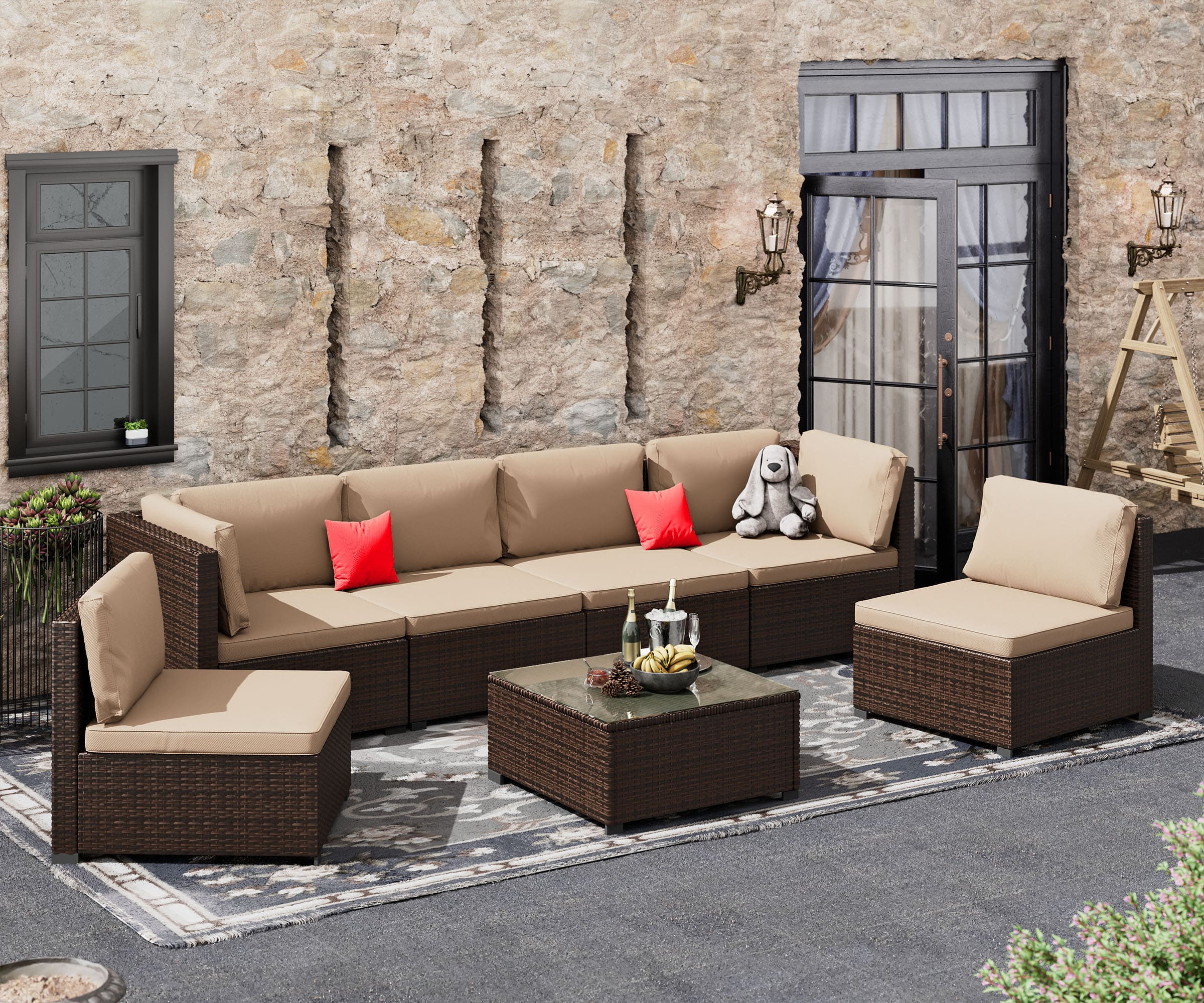 LHBcraft 7 Piece Patio Furniture Set, Outdoor Furniture Patio Sectional Sofa, Brown