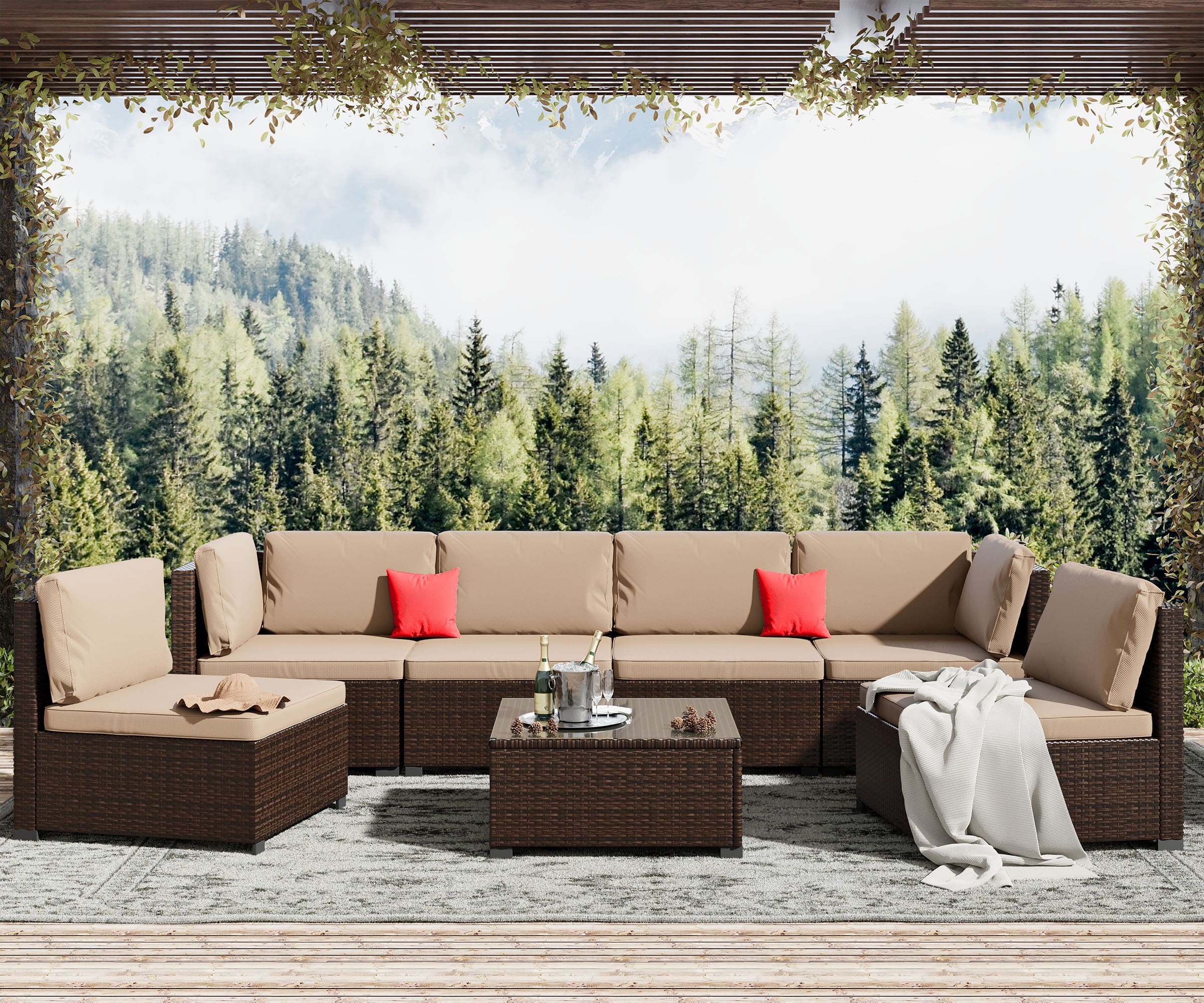 LHBcraft 7 Piece Patio Furniture Set, Outdoor Furniture Patio Sectional Sofa, Brown