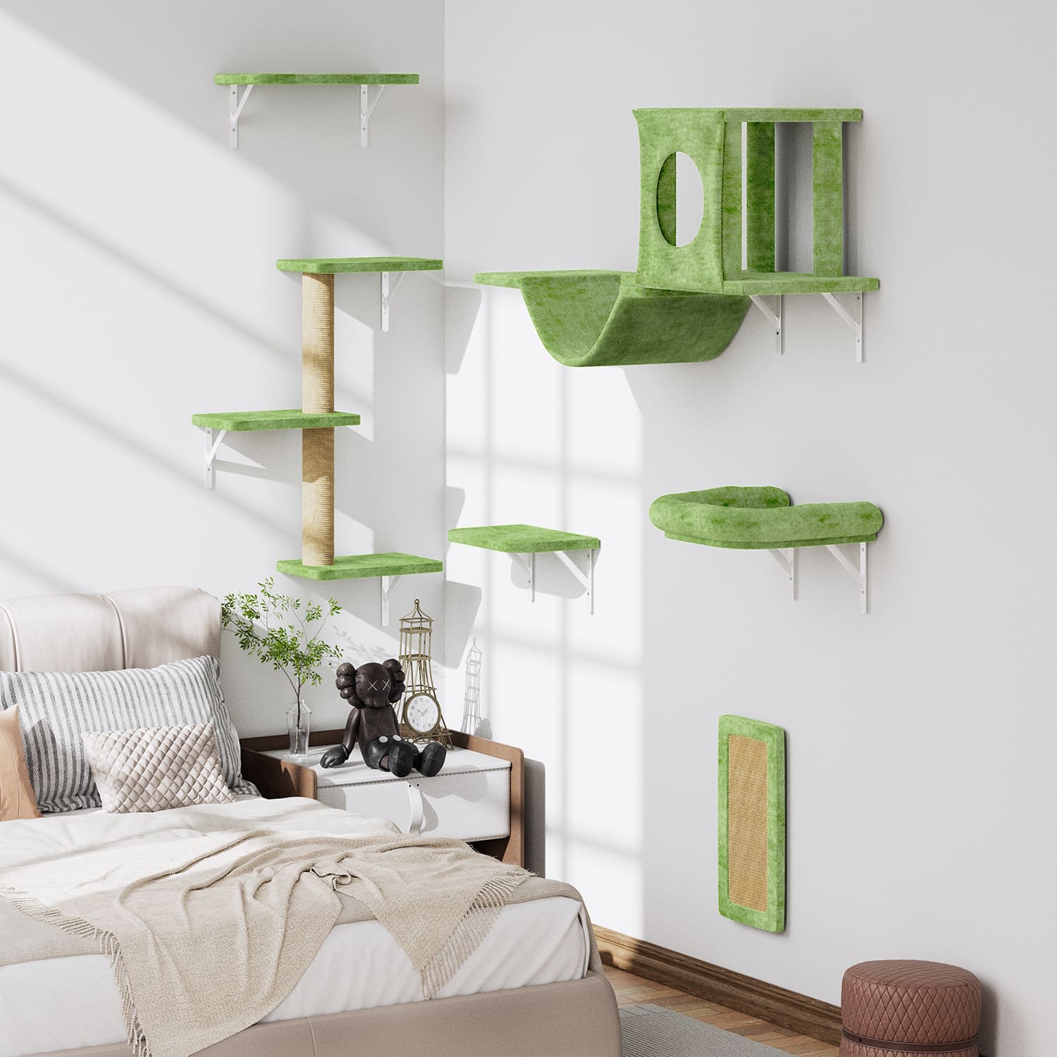 6-piece wall-mounted cat climber set in beige with condo and bridge