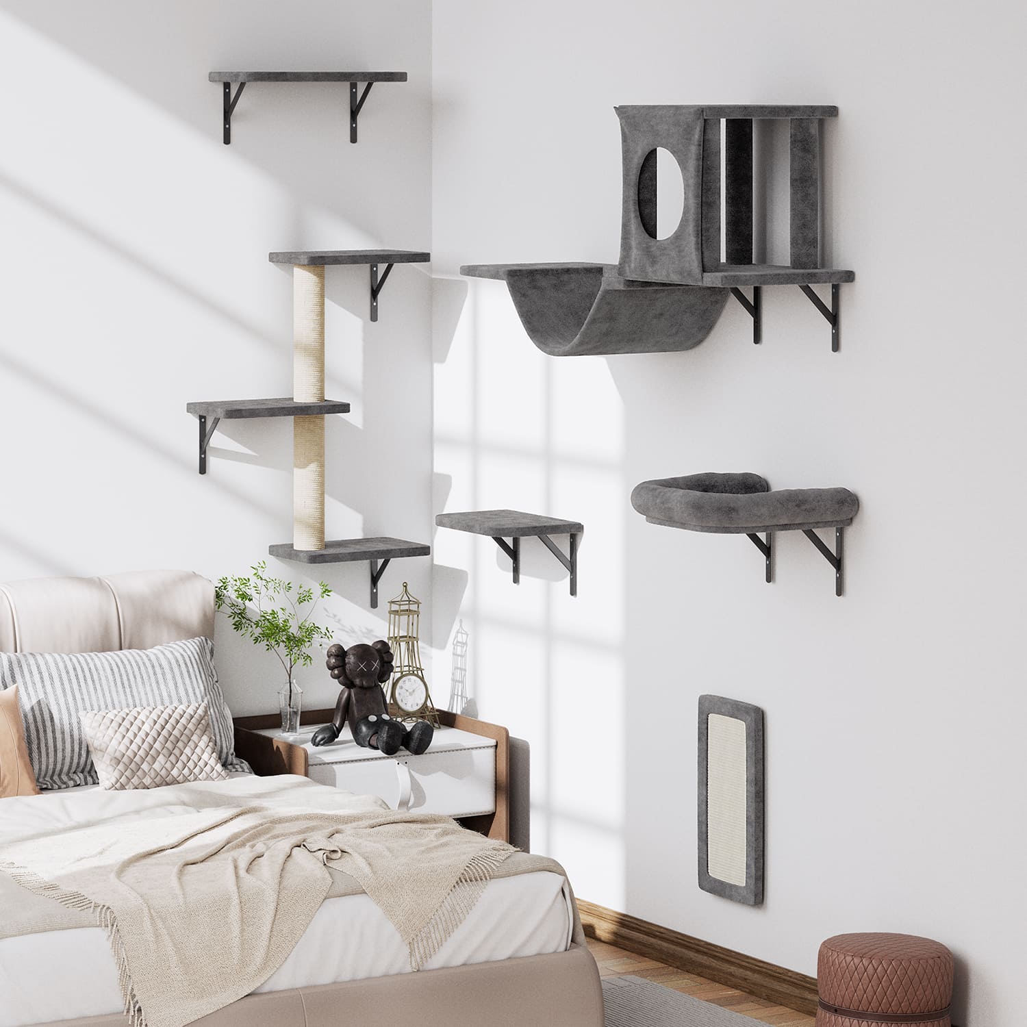 6-piece wall-mounted cat climber set in beige with condo and bridge