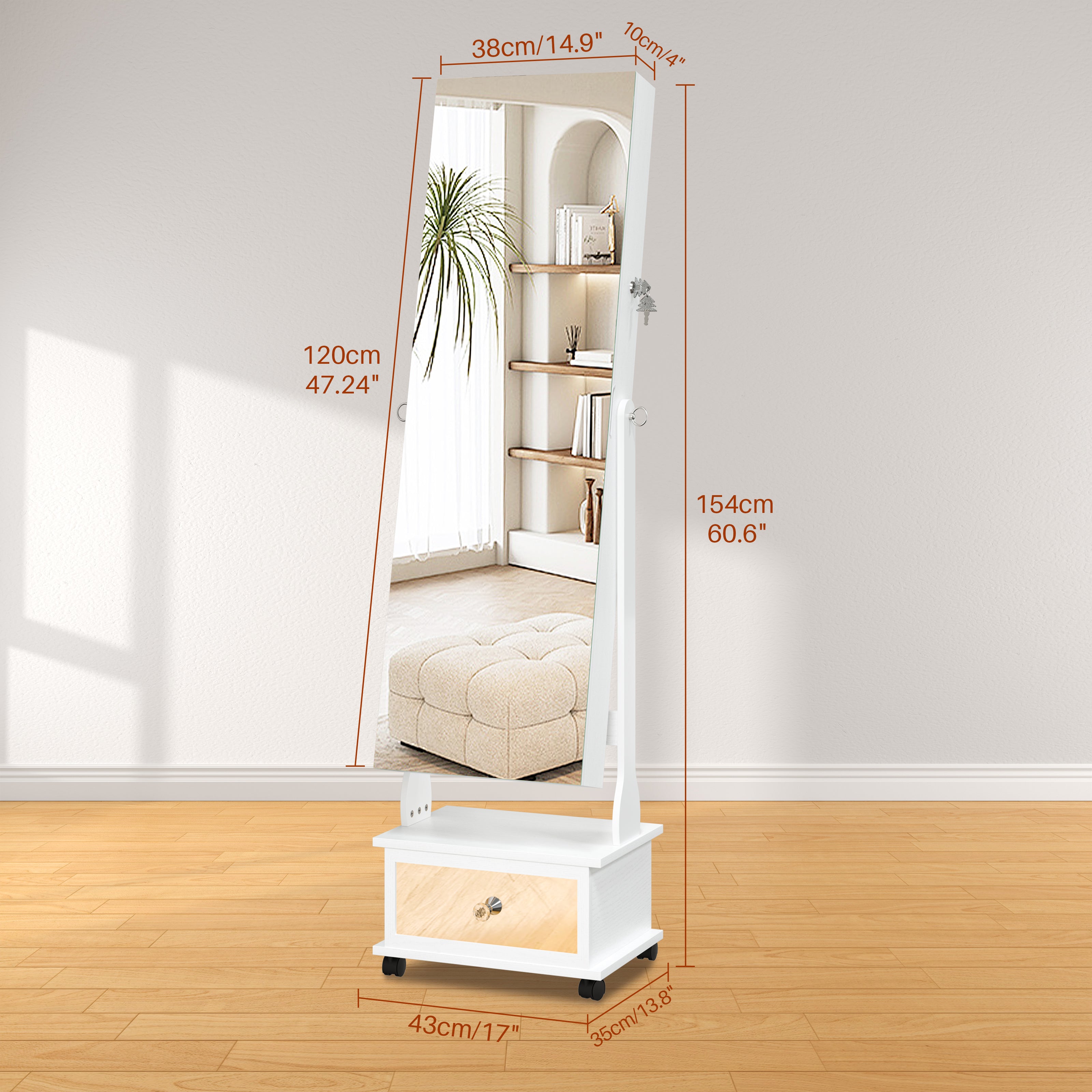 LHBcraft Movable Jewelry Cabinet Standing with Full-Length Mirror