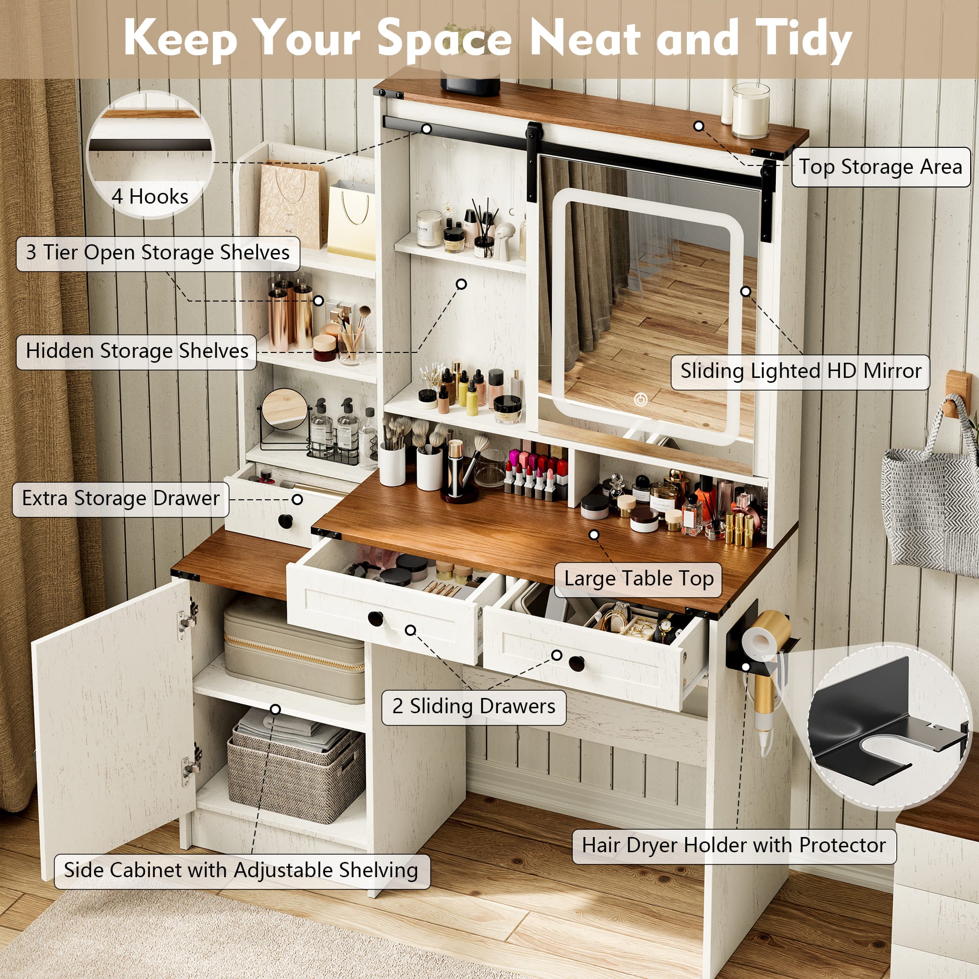 59.06" Tall Farmhouse Makeup Vanity Desk with Mirror and Lights, Vanity Table Set with Charging Station, Vanity Desk with 3 Drawers and 1 Big Cabinet for Bedroom Desk with 4 Drawers and 3 Storage Shelves, 3 Lighting Colors (Copy)