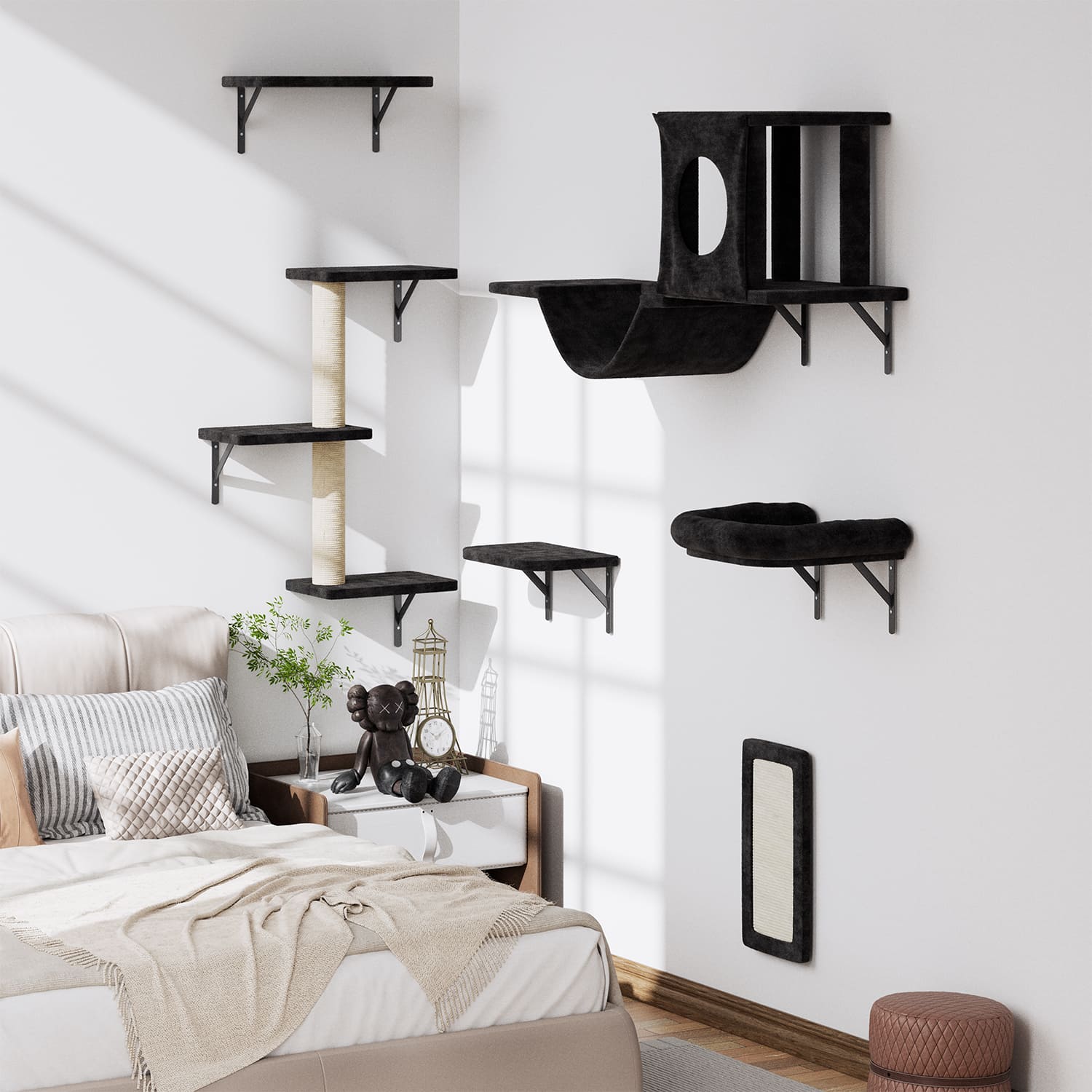 6-piece wall-mounted cat climber set in beige with condo and bridge