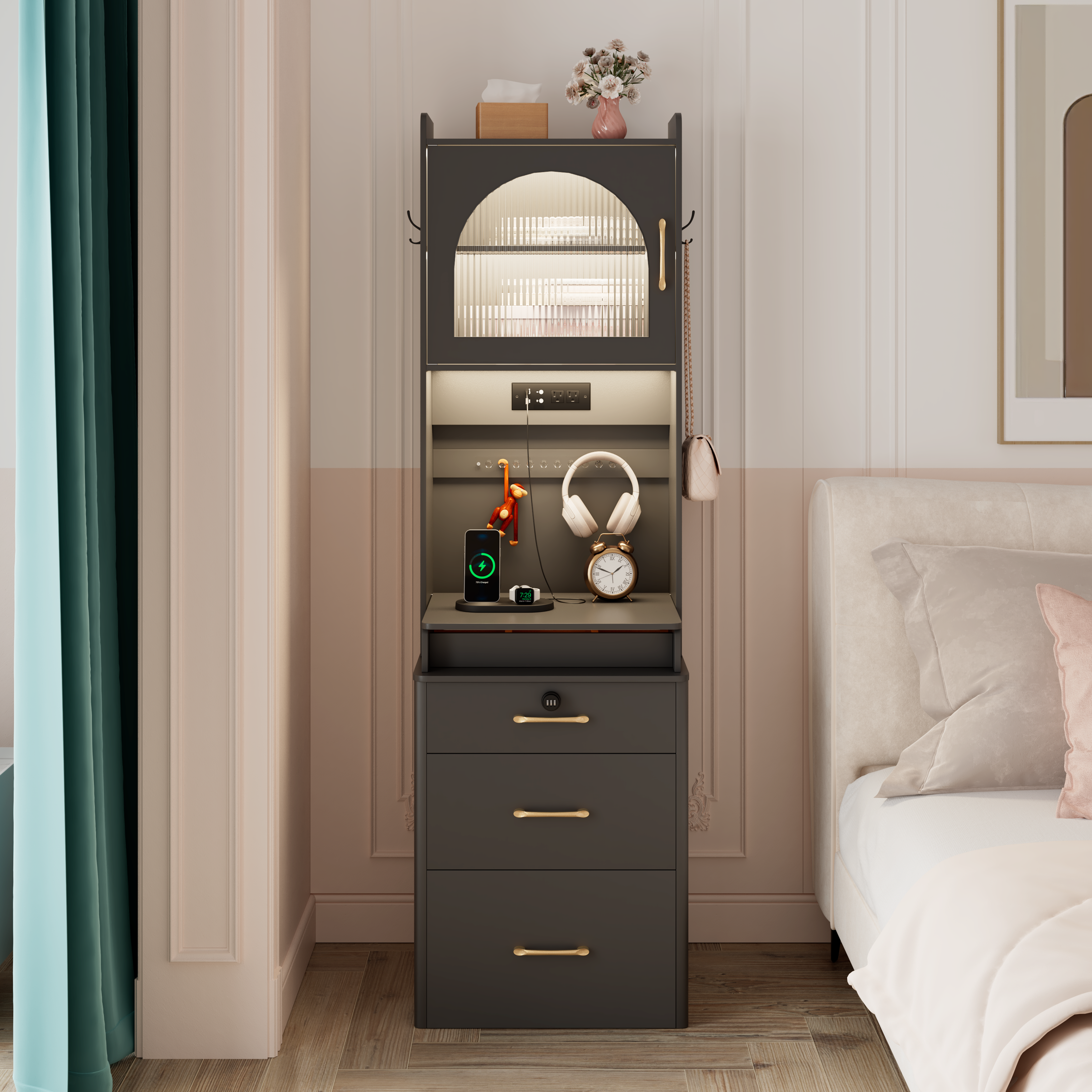 LHBcraft Tall Nightstand with Built-in Mirror