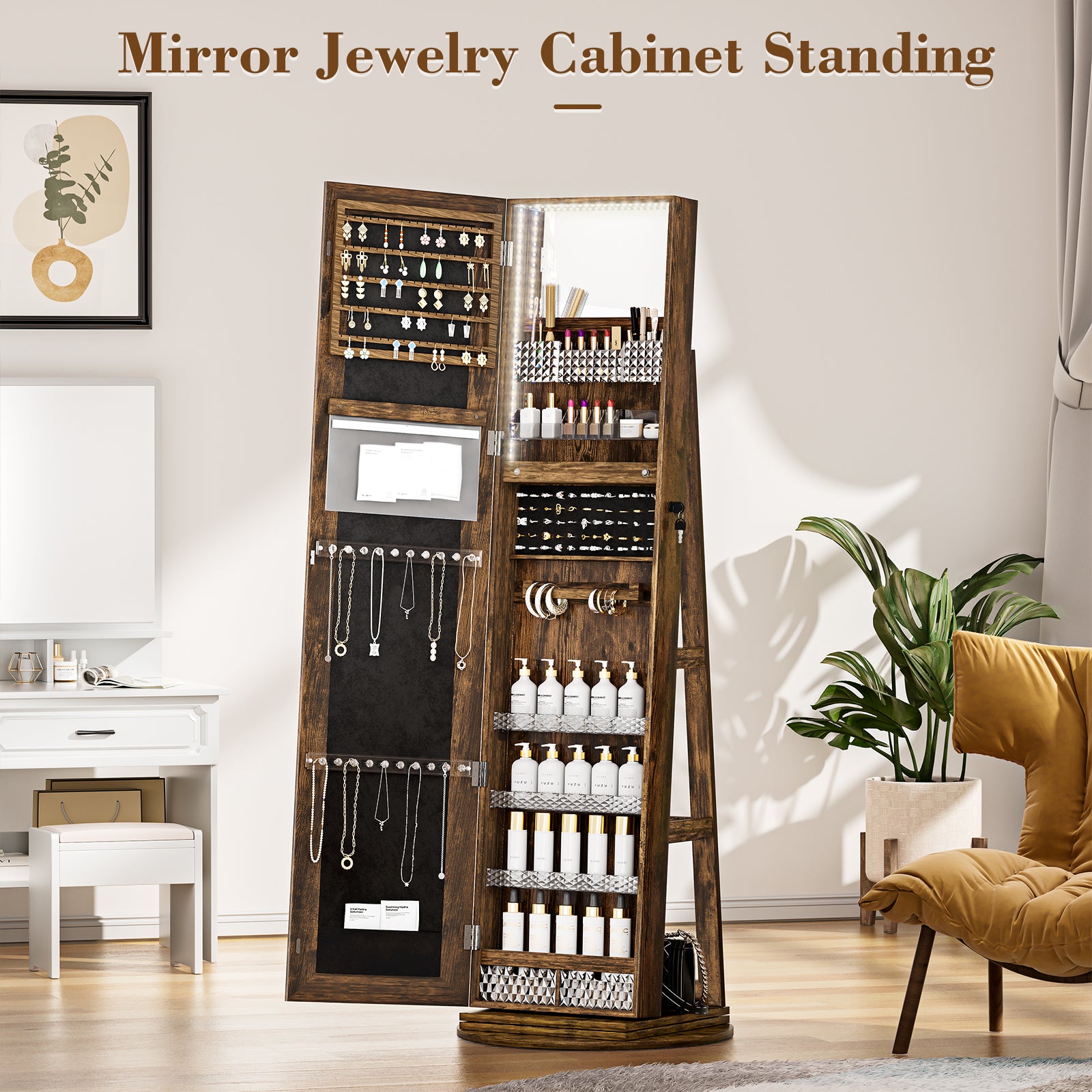 LHBcraft Jewelry Cabinet with Full-Length Mirror and Makeup Mirror