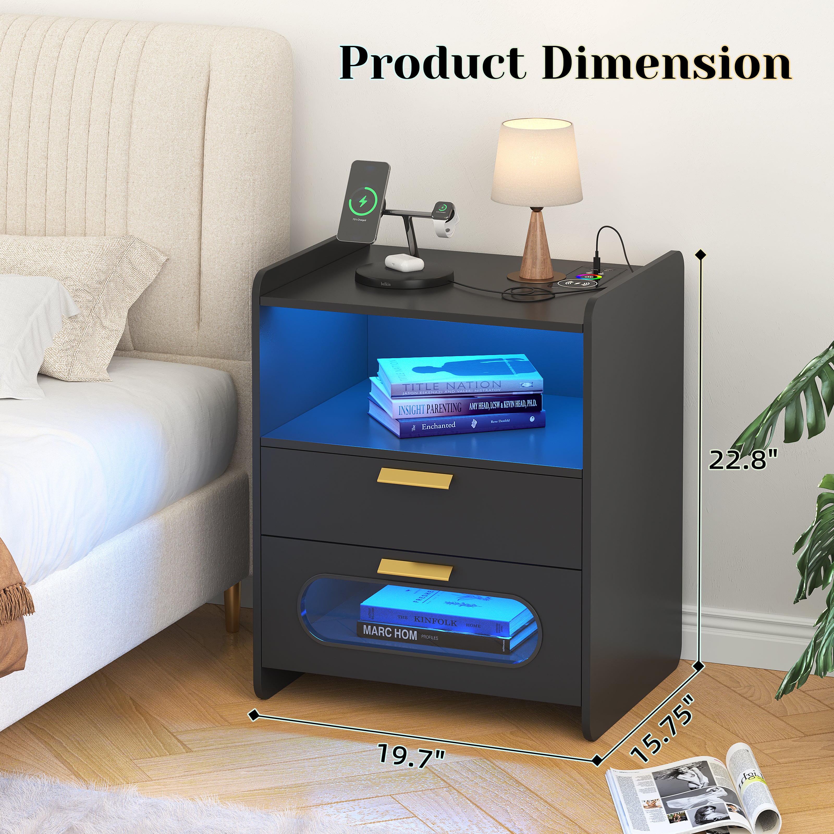 Nightstand with Wireless Charging Station, 24 Color LED Lights