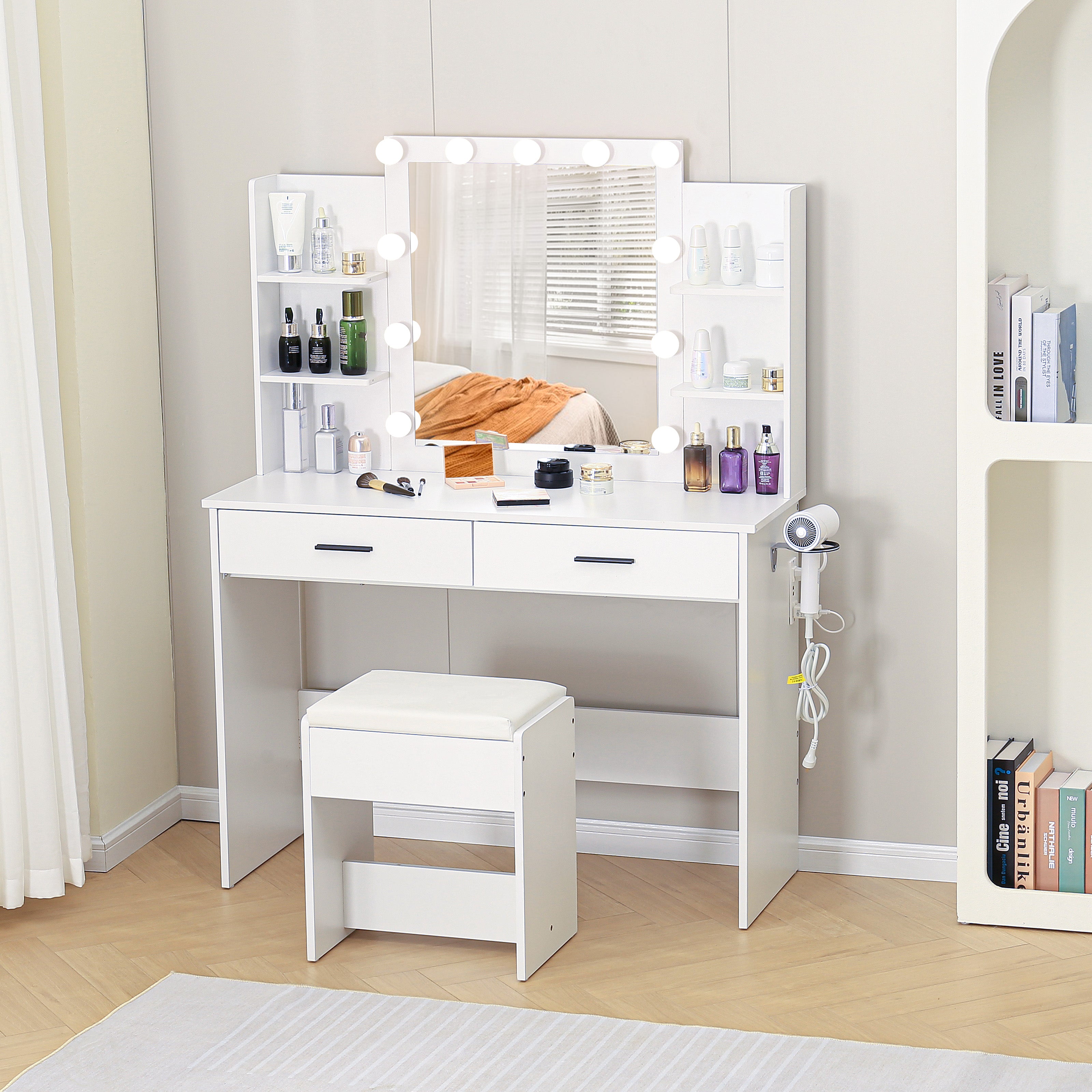 Vanity Desk Set with LED Lighted Mirror & Charging Station