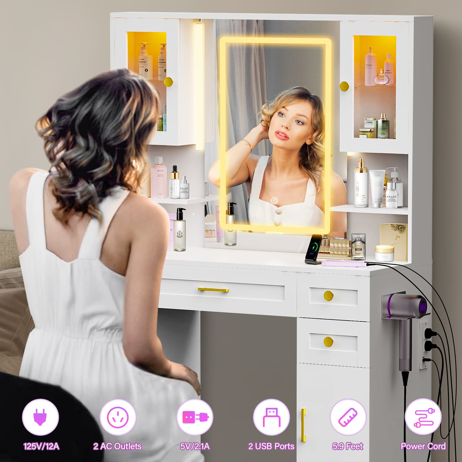 Makeup Vanity Mirror with 16 RGB Colors Light, Large Women Vanity Desk with Touch Screen Mirror & Power Outlet, 4 Cabinet, 2 Shelves & 5 Drawers for Bedroom