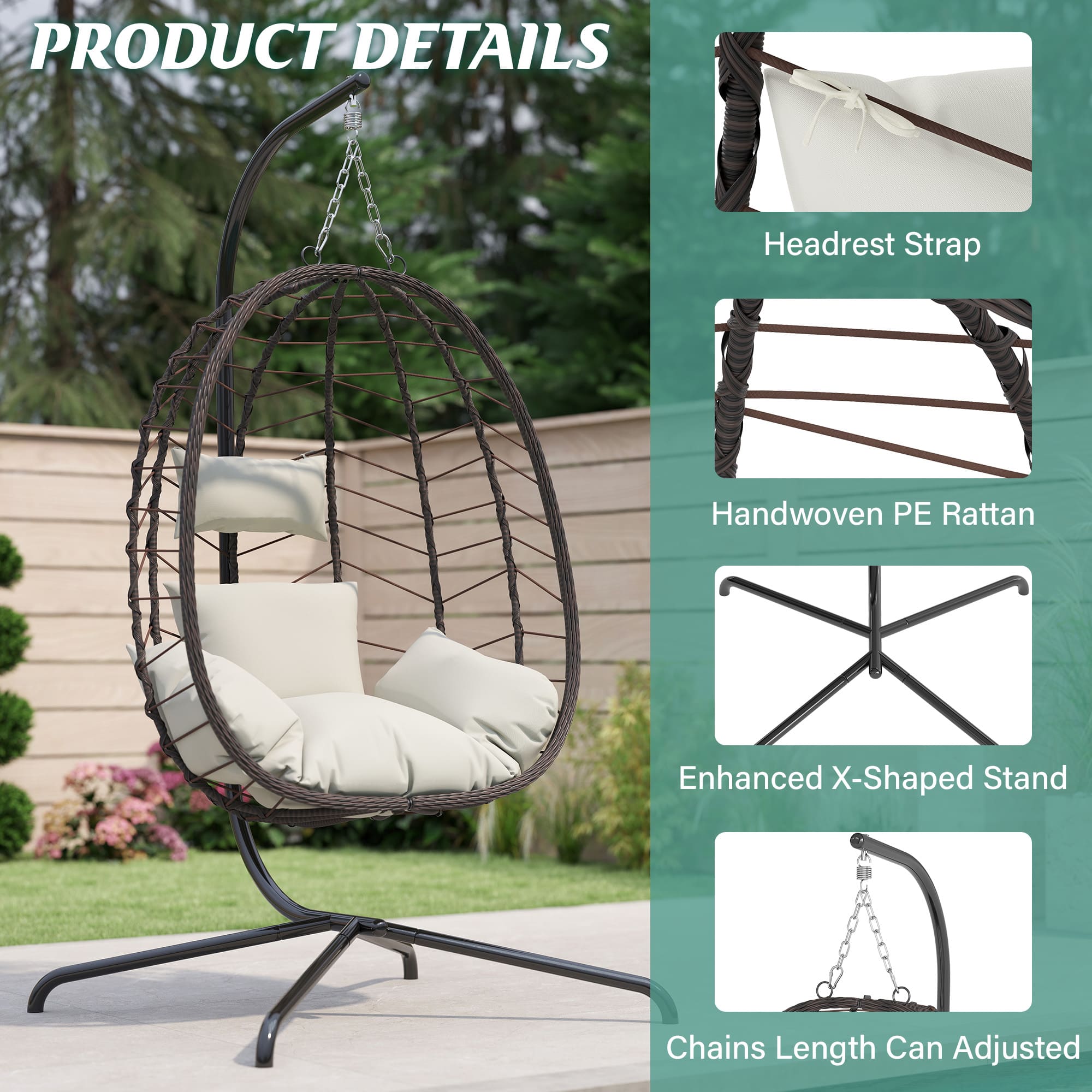 Hanging egg chair with detailed features