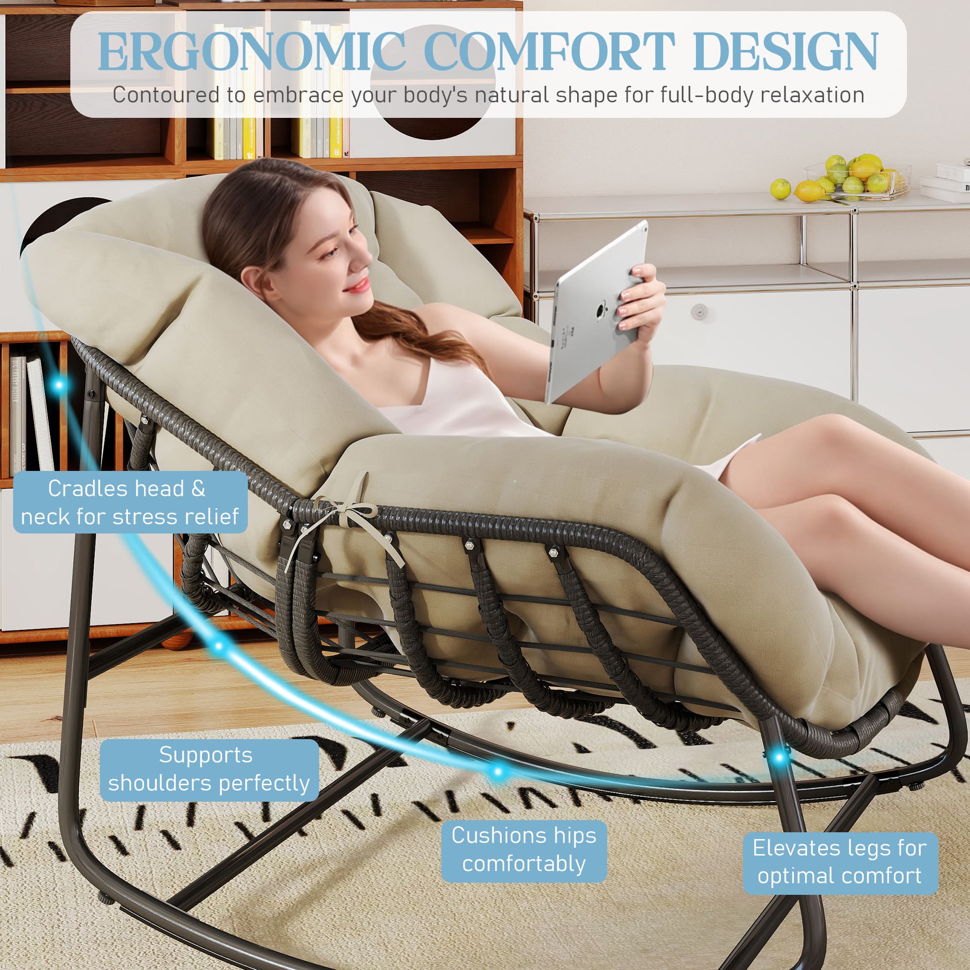 Oversized wicker egg rocking chair with steel frame and cushion