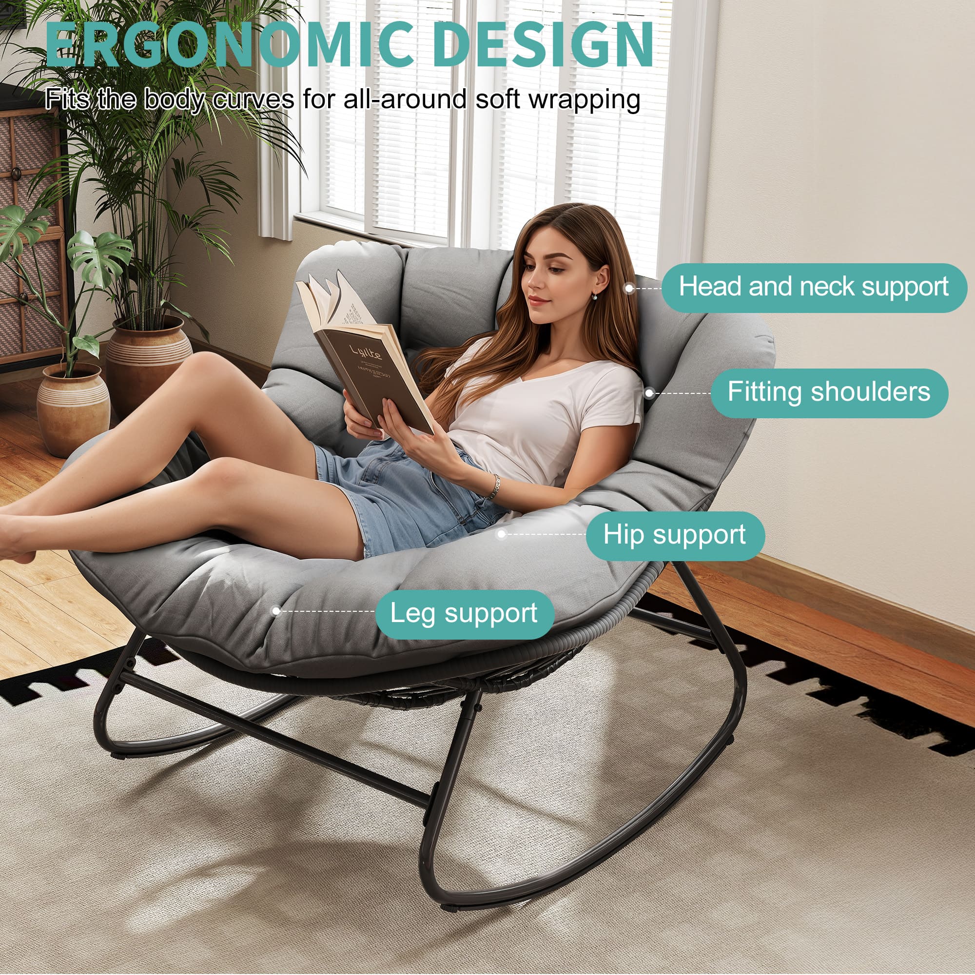 Modern wicker egg rocking chair with soft cushion on patio