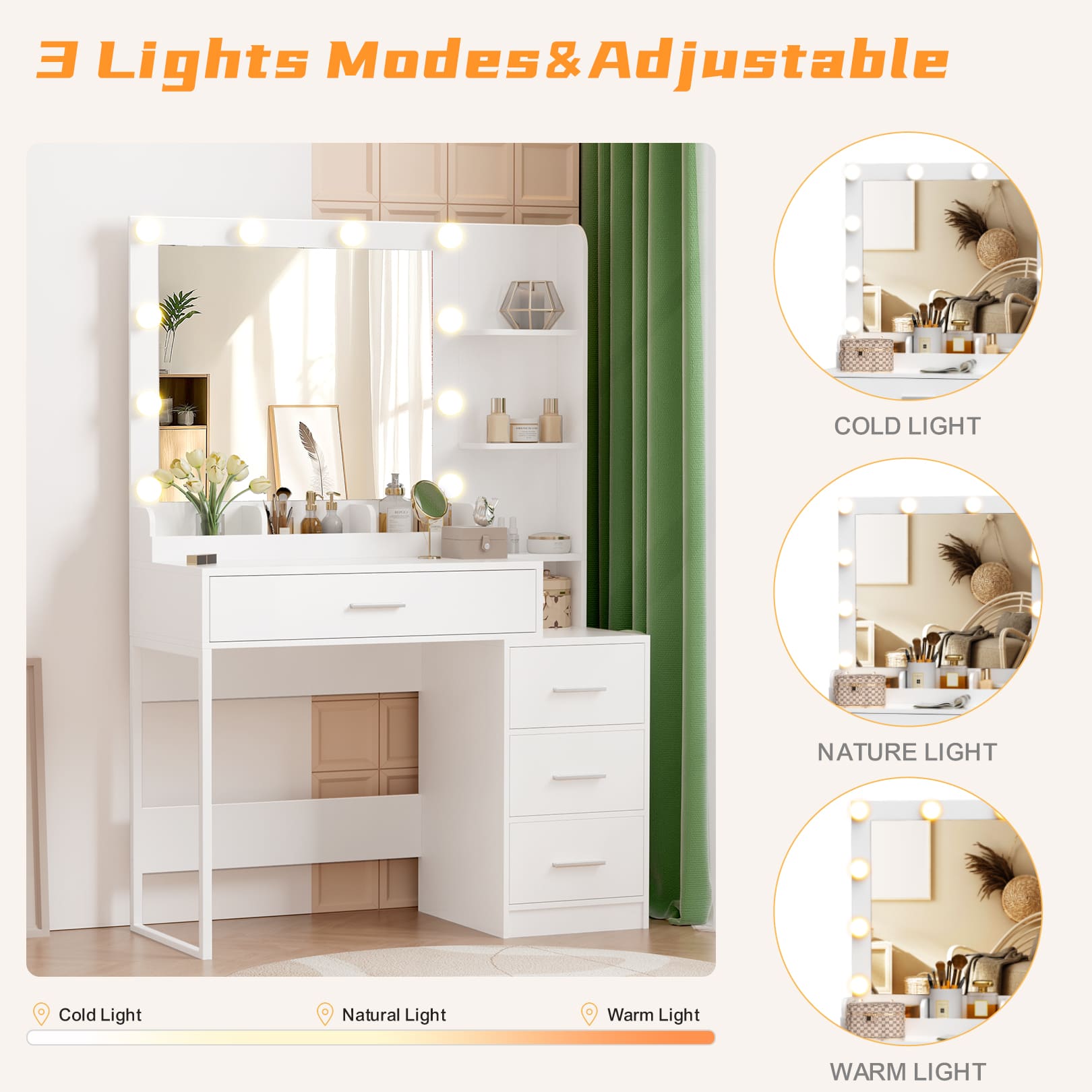 56.5" Makeup Vanity Desk with Mirror and Lights, Vanity Table Set with Charging Station, Makeup Vanity Desk with 4 Drawers and 3 Storage Shelves, 3 Lighting Colors