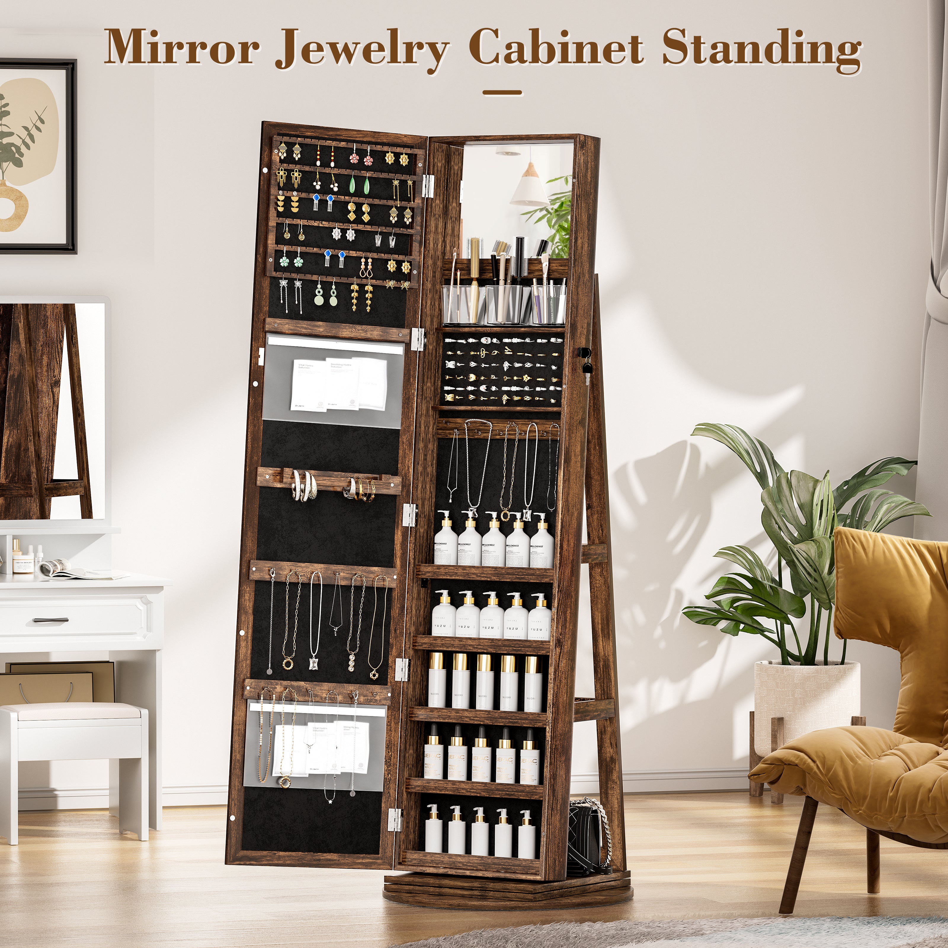 LHBcraft Standing Jewelry Cabinet with Full-Length Mirror