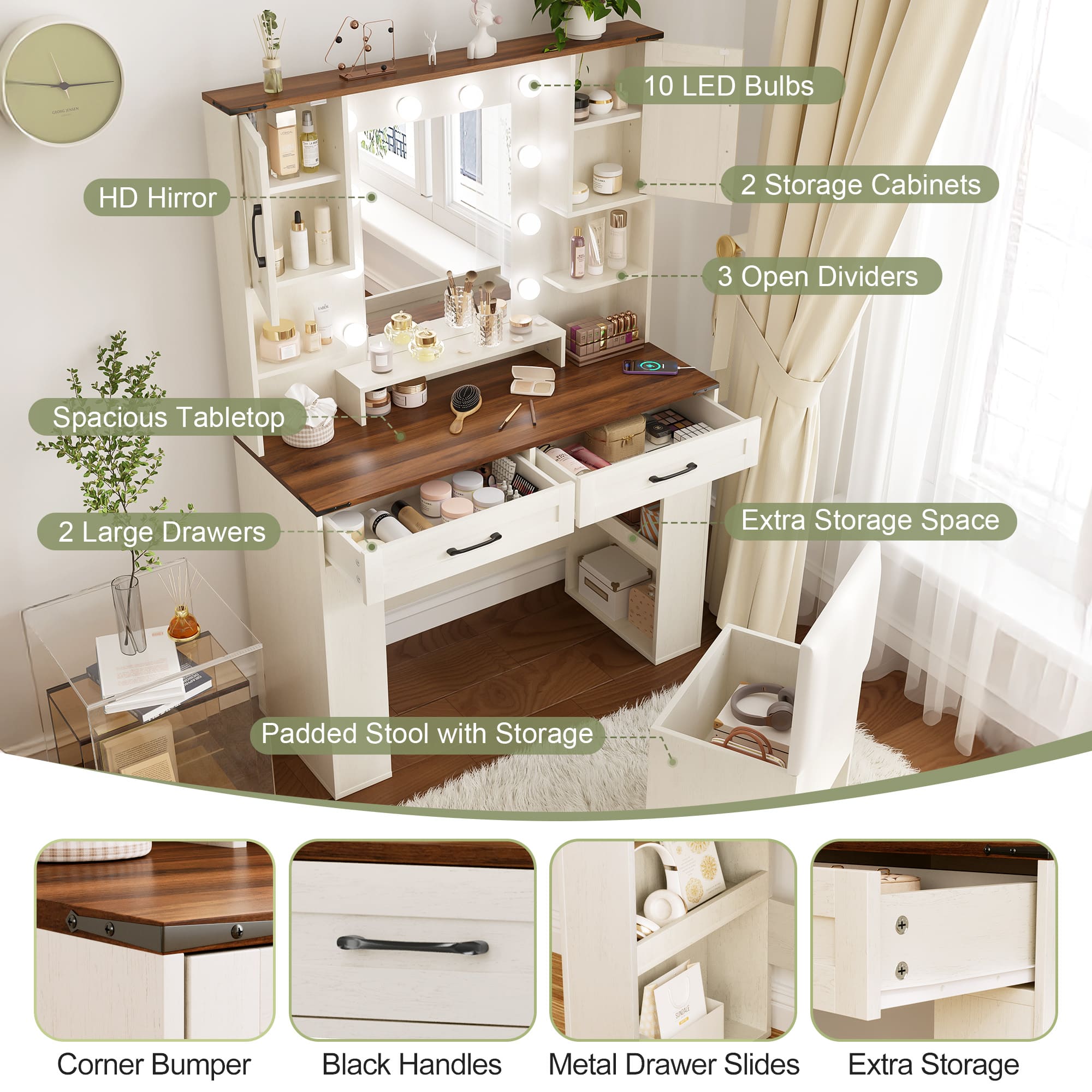 Makeup Vanity with Lighted Mirror Bedroom Vanity Desk with Charging Station Large Vanity Set with Transparent Desk, Drawers, Cabinet, Shelves for Storage in Bedroom