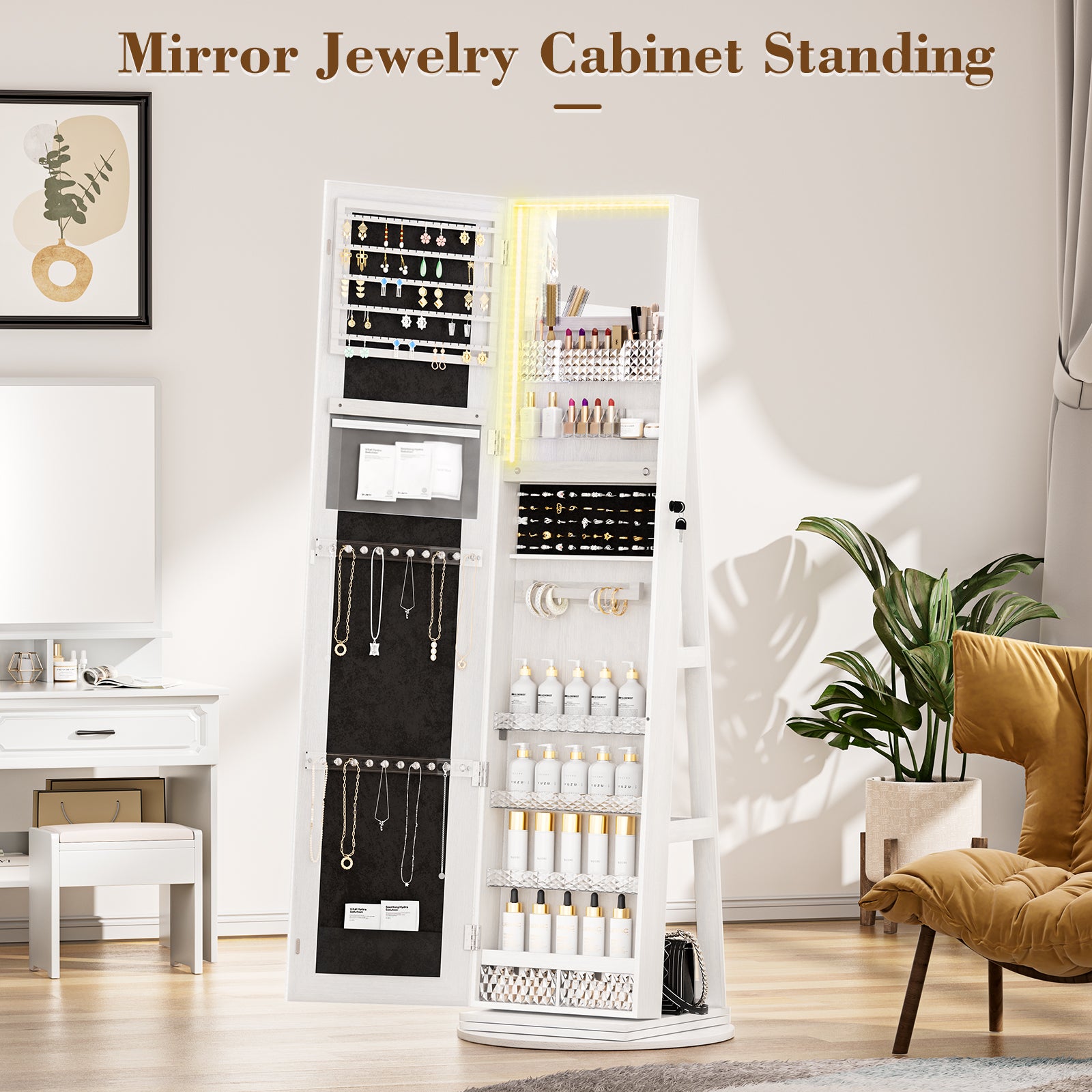 LHBcraft Jewelry Cabinet with Full-Length Mirror and Makeup Mirror