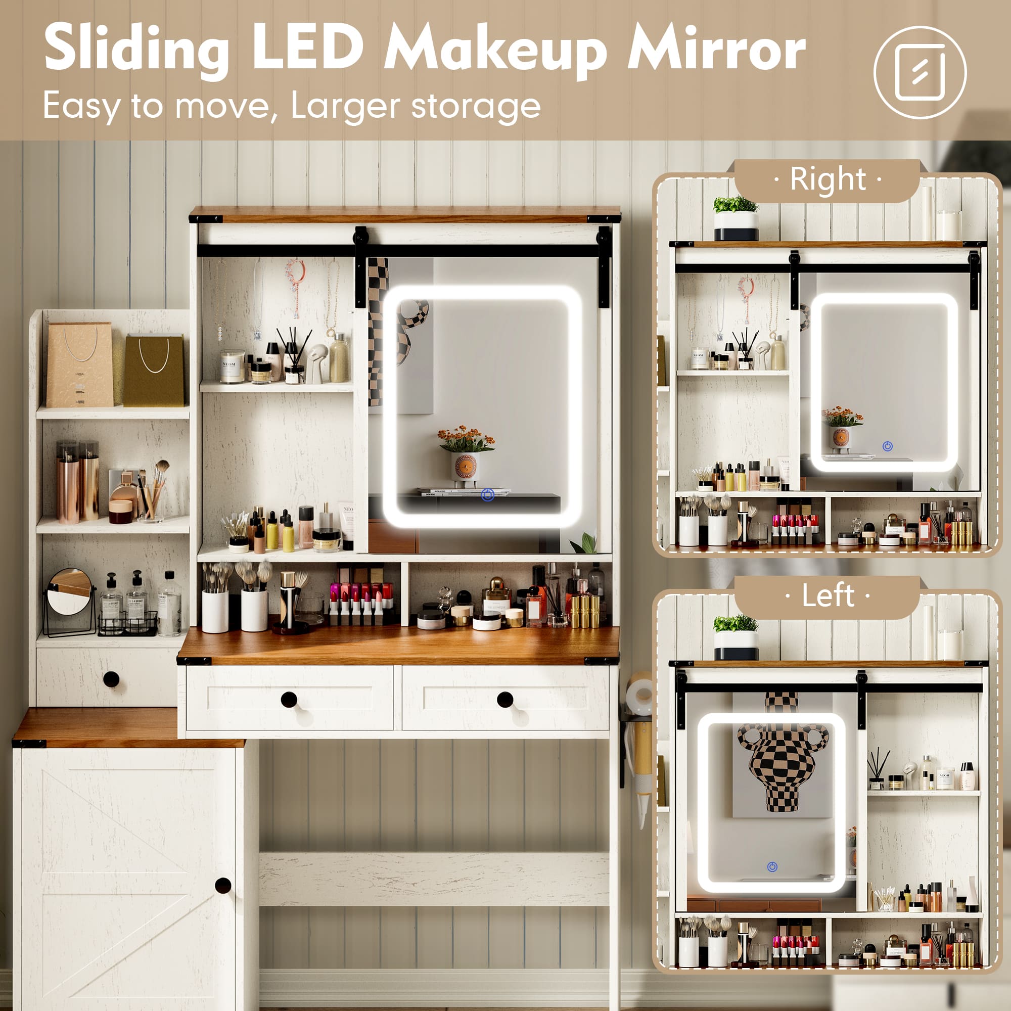 59.06" Tall Farmhouse Makeup Vanity Desk with Mirror and Lights, Vanity Table Set with Charging Station, Vanity Desk with 3 Drawers and 1 Big Cabinet for Bedroom Desk with 4 Drawers and 3 Storage Shelves, 3 Lighting Colors (Copy)