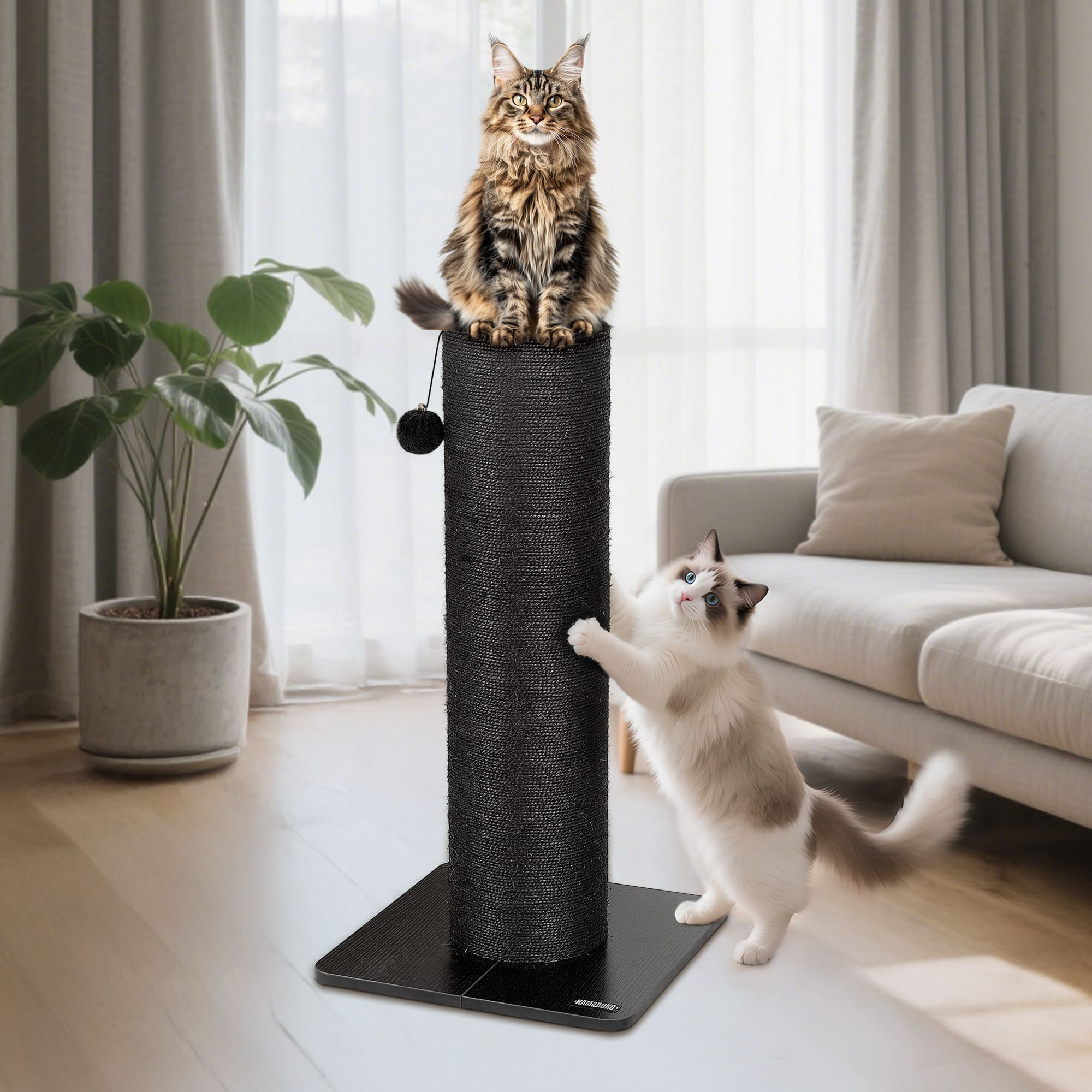 Tall cat scratcher featuring dangling toy ball for play
