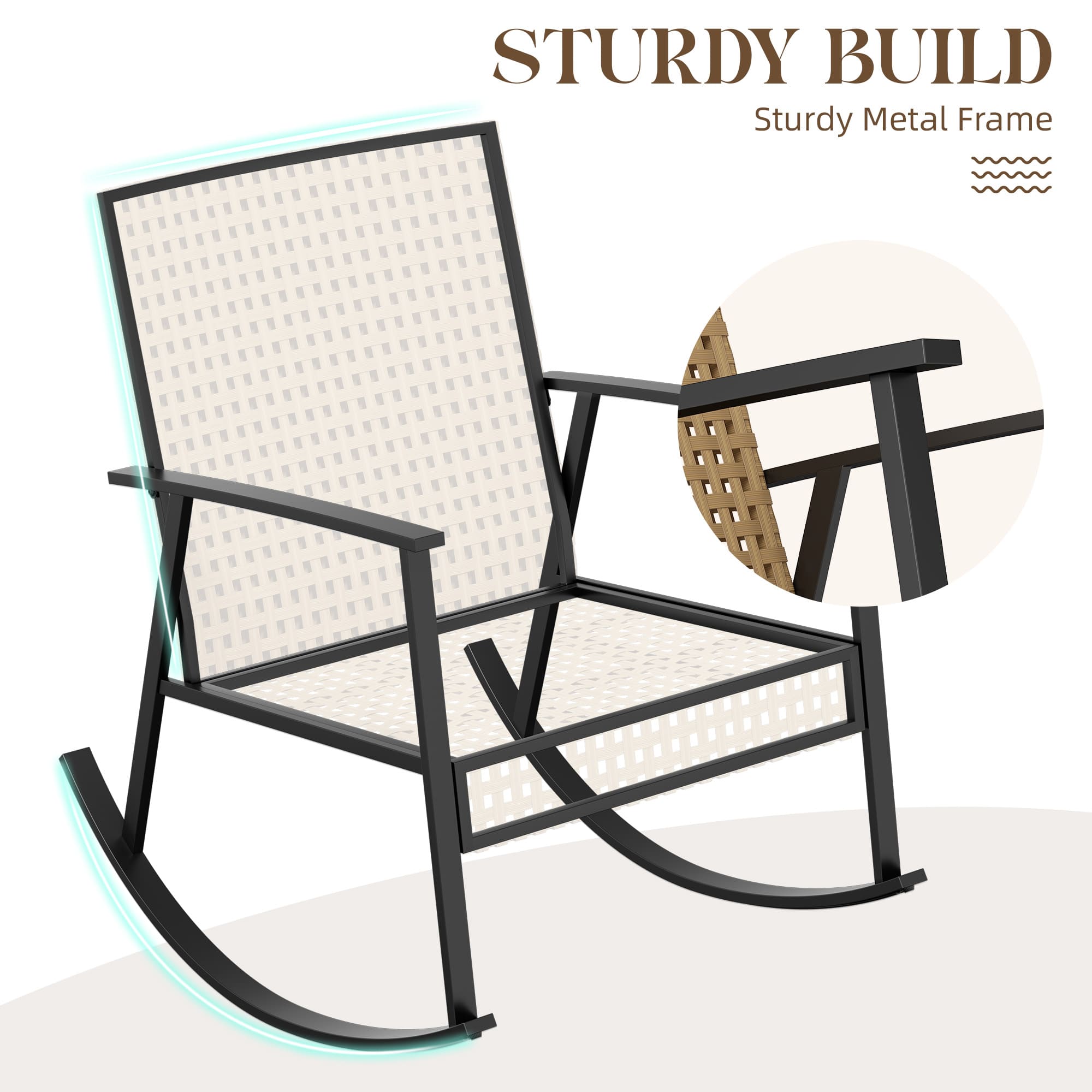 Outdoor wicker rocking chairs with plush cushions and side table