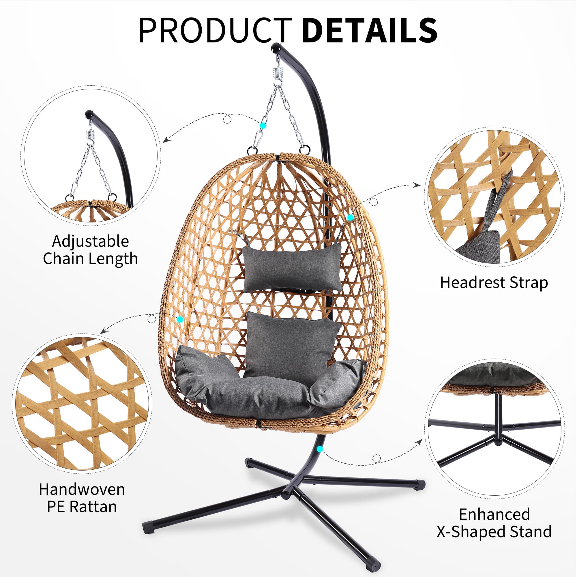 Wicker egg-shaped hanging chair with detailed features