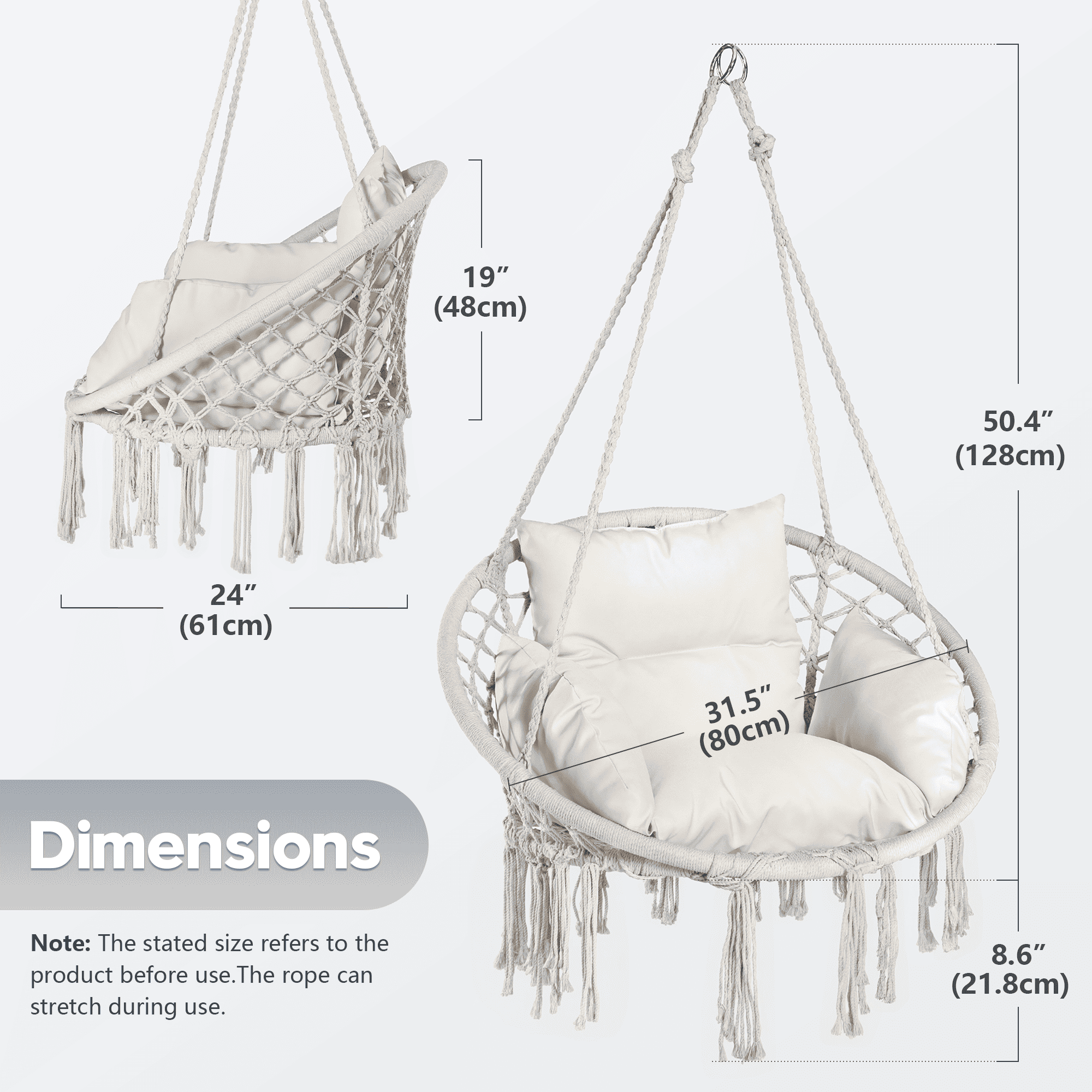 White hammock chair with dimensions labeled