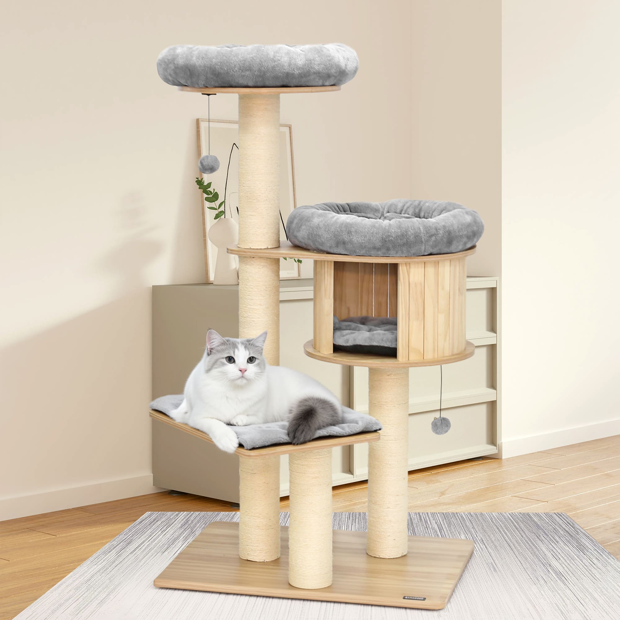 58.6-inch wooden cat tree tower with natural sisal scratching posts and plush cushions
