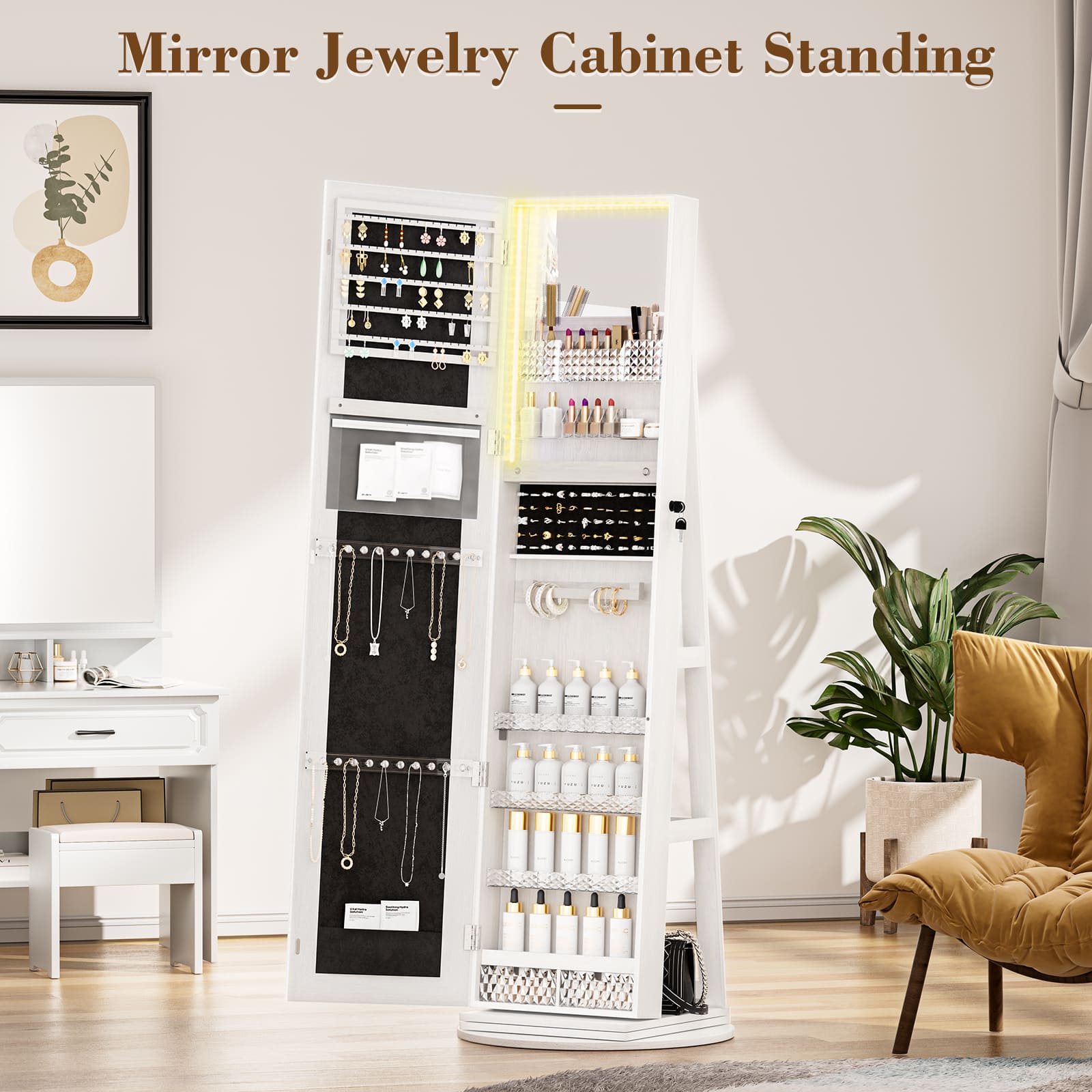 Jewelry Cabinet Standing with Full-Length Mirror