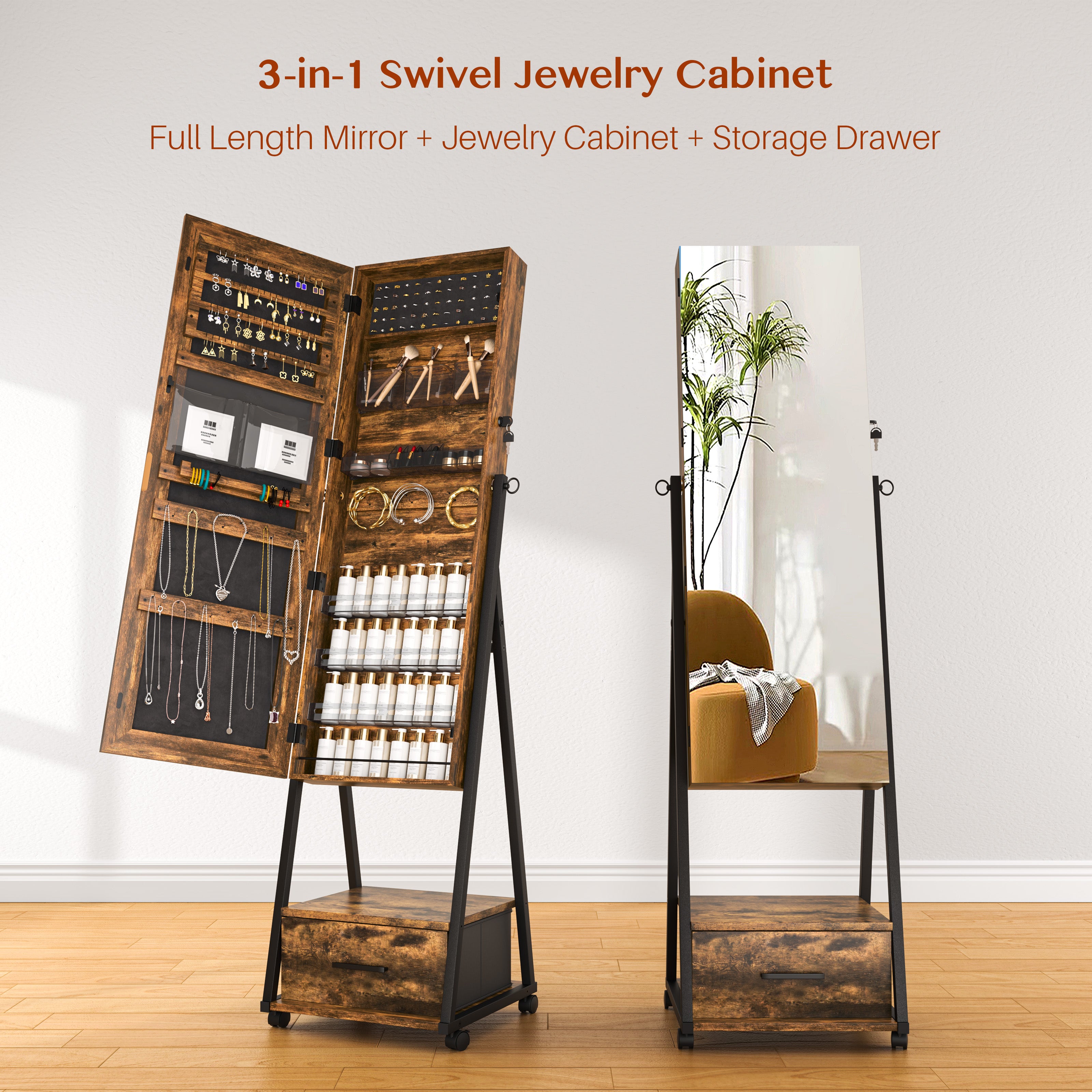 LHBcraft Jewelry Cabinet with Wheels, Lockable