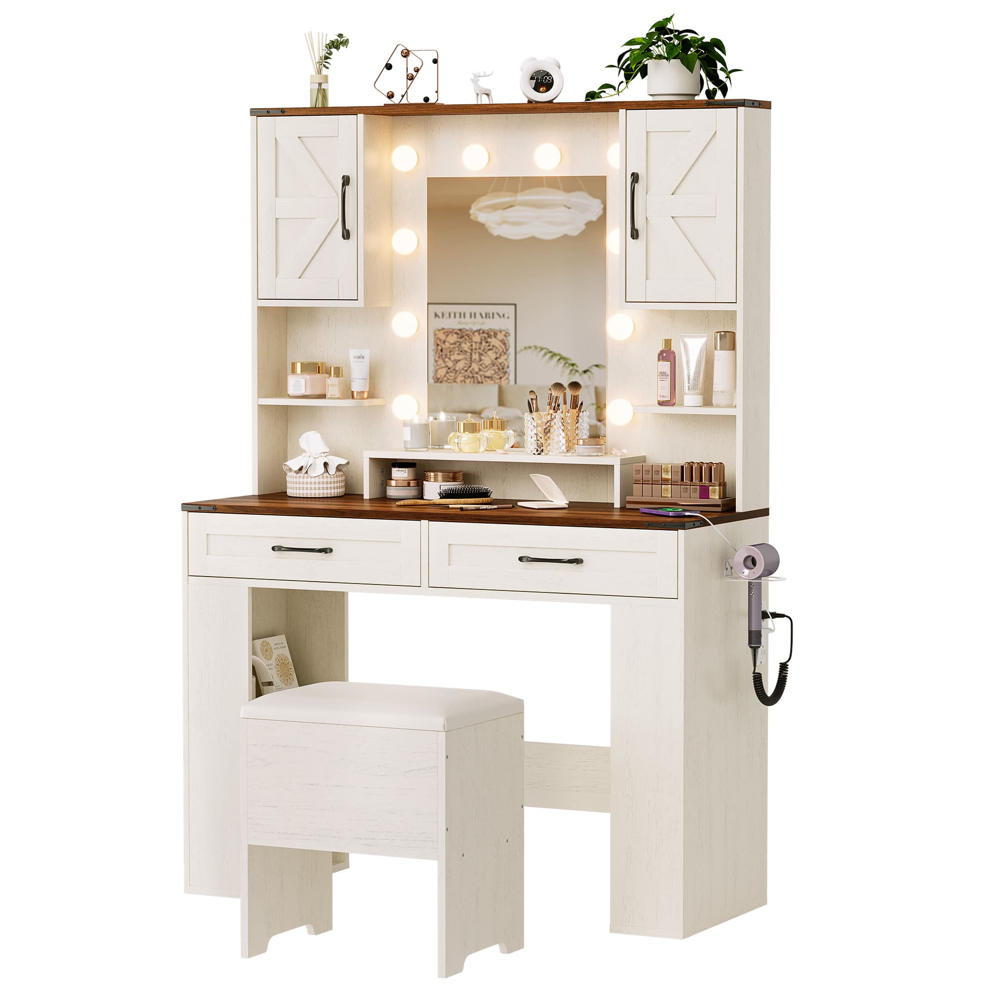 Makeup Vanity with Lighted Mirror Bedroom Vanity Desk with Charging Station Large Vanity Set with Transparent Desk, Drawers, Cabinet, Shelves for Storage in Bedroom