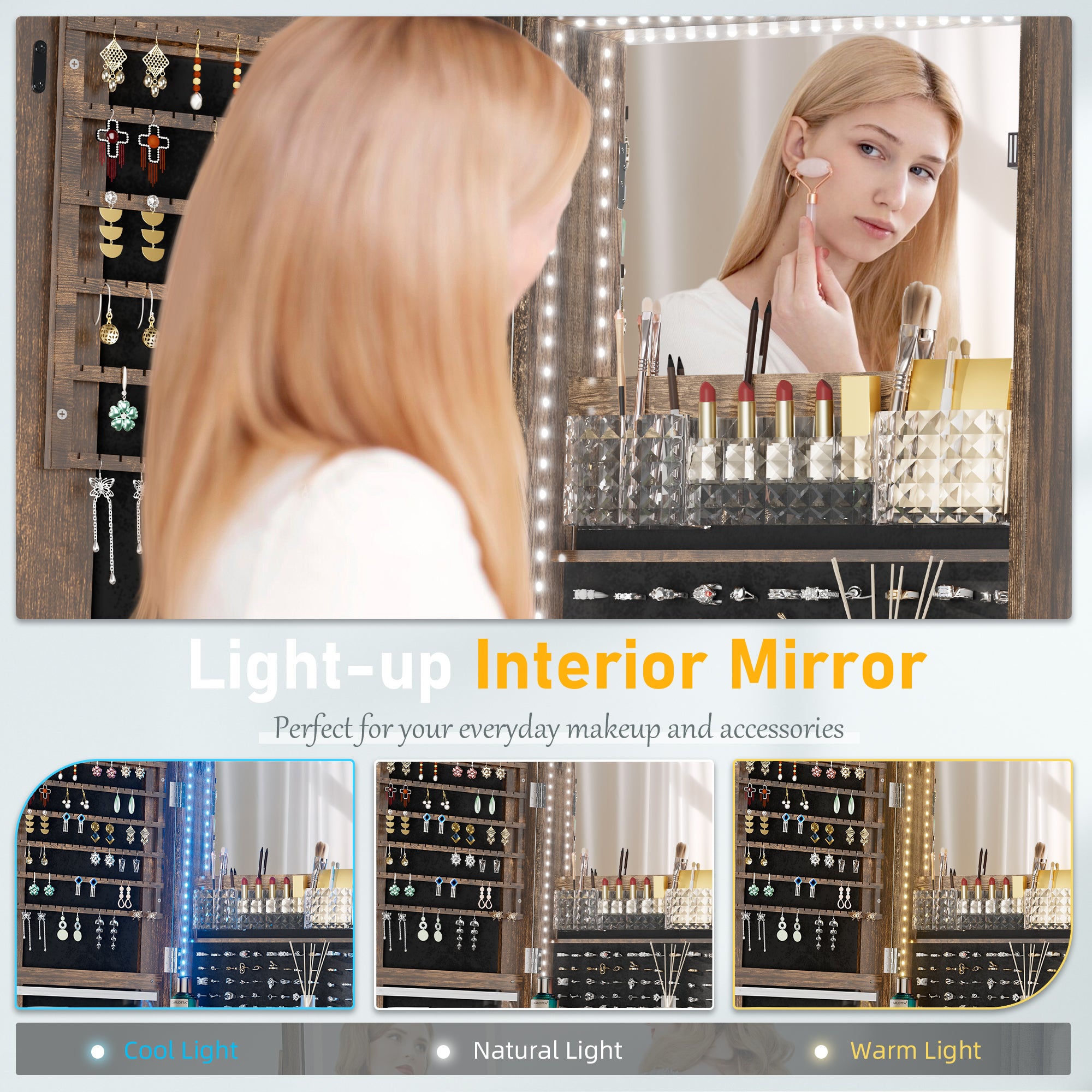 LHBcraft LED Mirror Jewelry Cabinet Standing with Adjustable LED Lights