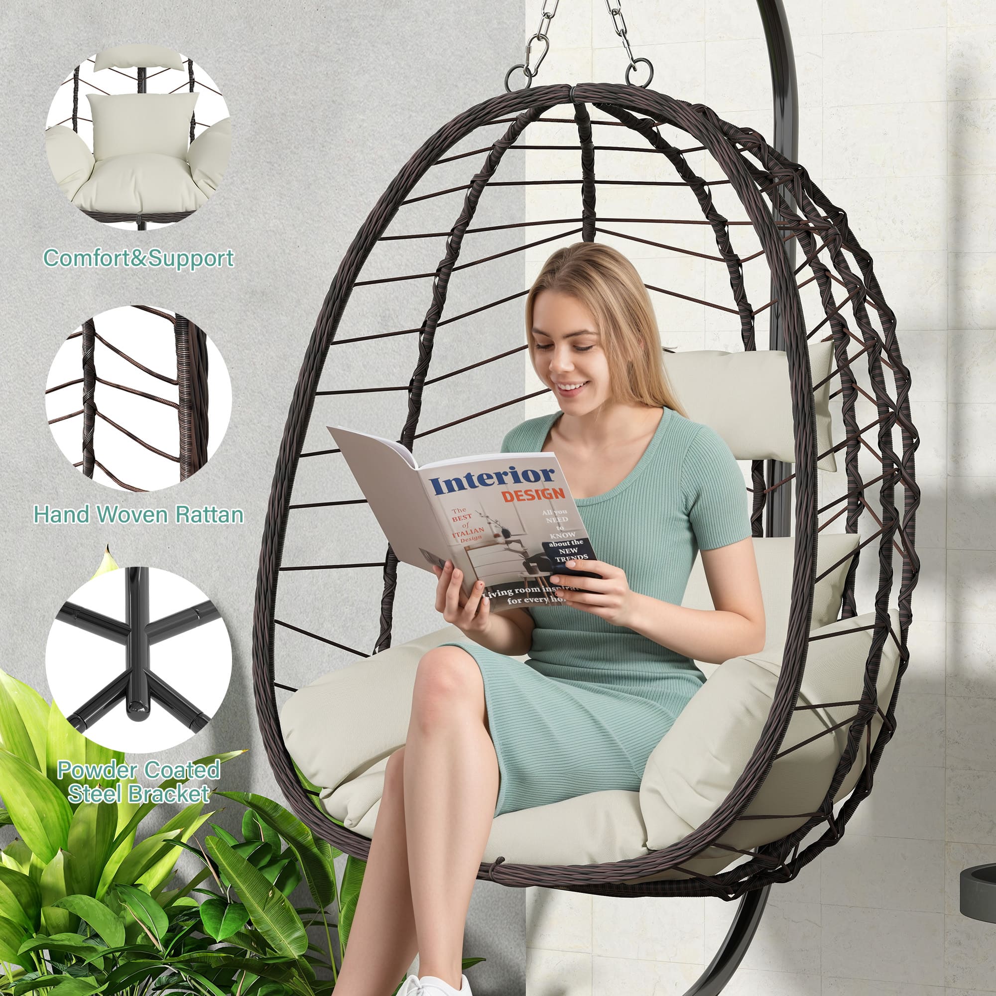 Elegant wicker egg chair with stand on outdoor patio surrounded by plants