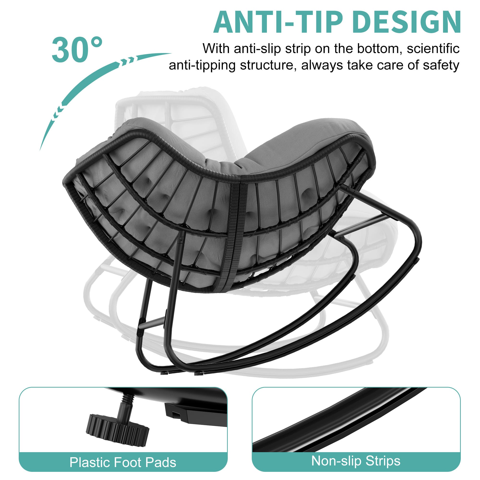 Side view showing gentle rocking motion of wicker chair