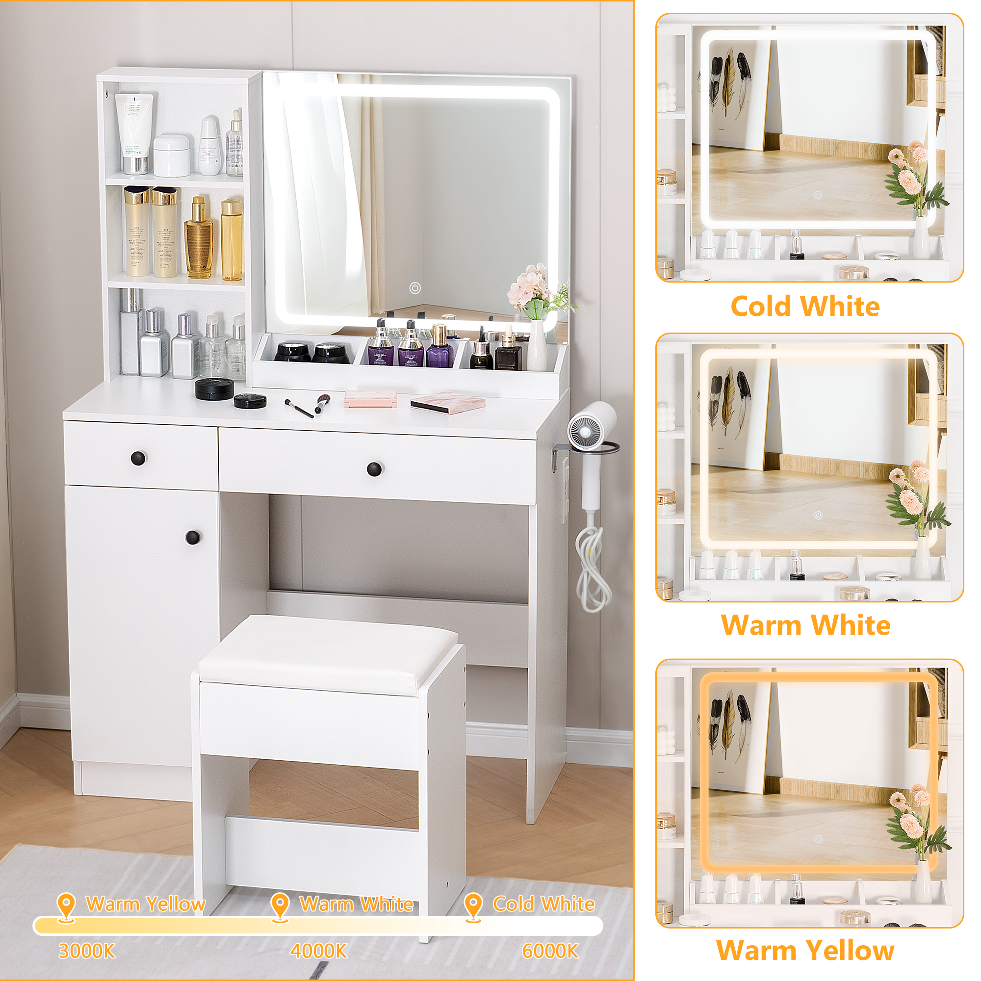 LHBcraft Vanity Desk Set with LED Lighted Mirror & Power Outlet