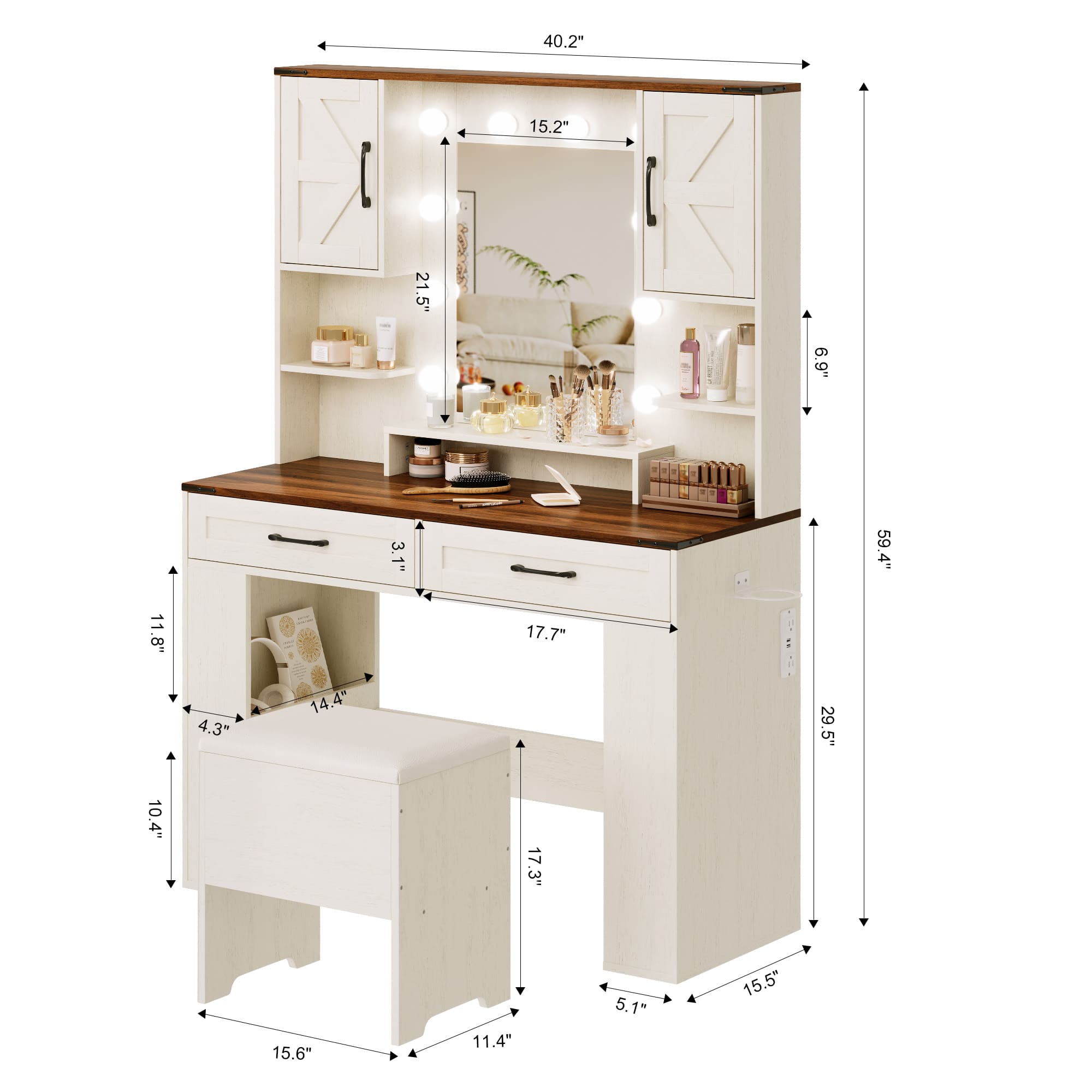 Makeup Vanity with Lighted Mirror Bedroom Vanity Desk with Charging Station Large Vanity Set with Transparent Desk, Drawers, Cabinet, Shelves for Storage in Bedroom