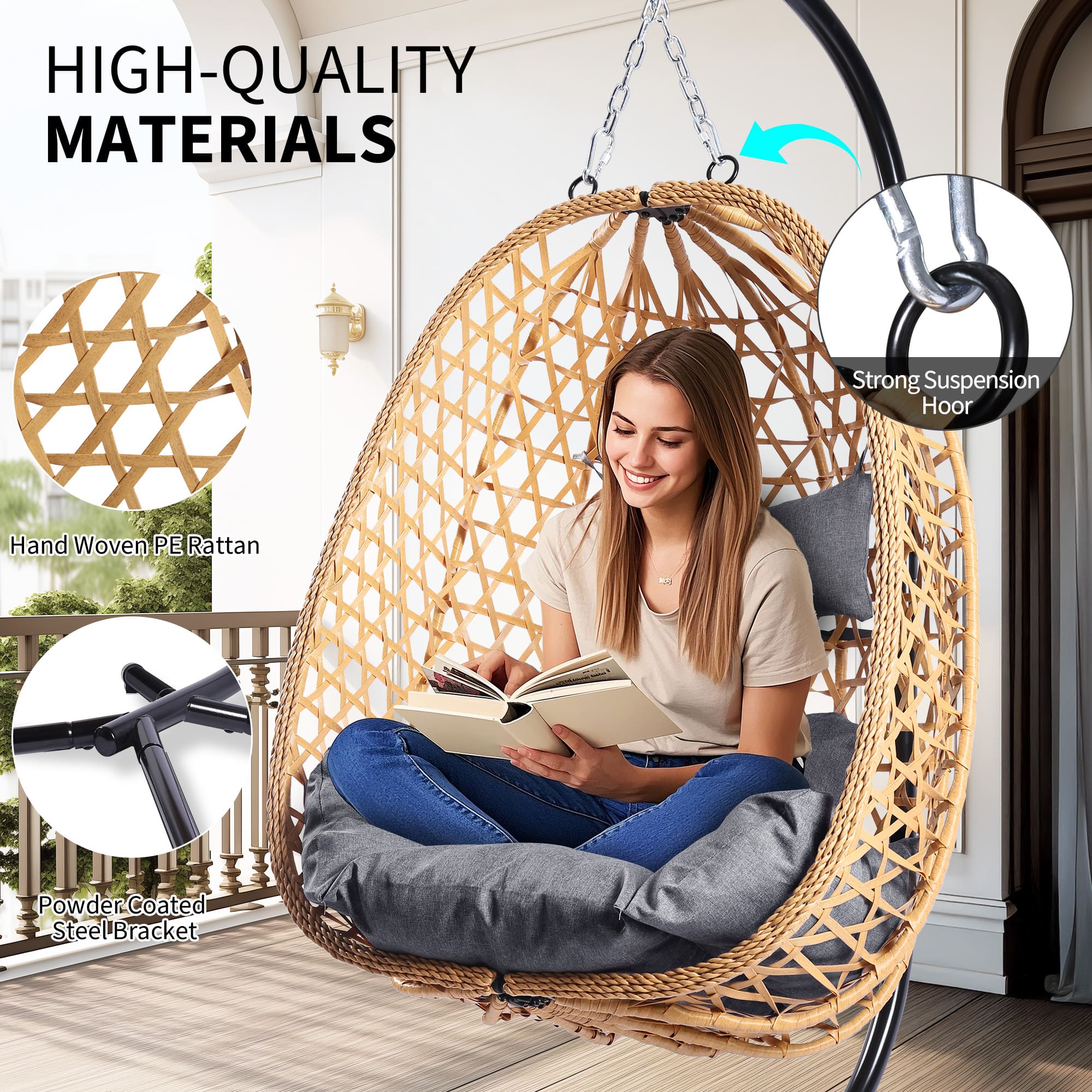 Woman reading a book in a hanging rattan chair with high-quality materials highlighted.