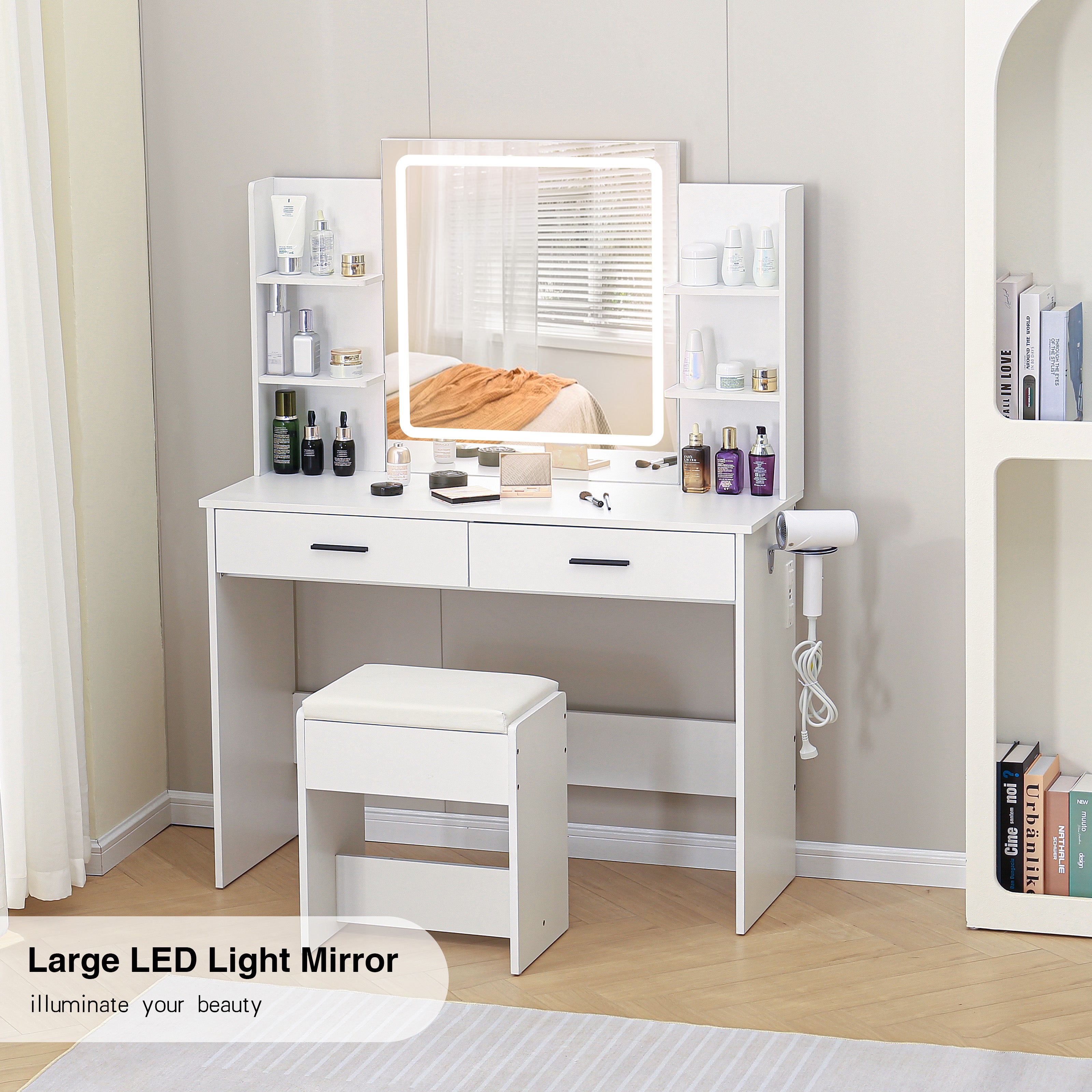 LHBcraft Vanity Desk Set with LED Lighted Mirror & Charging Station