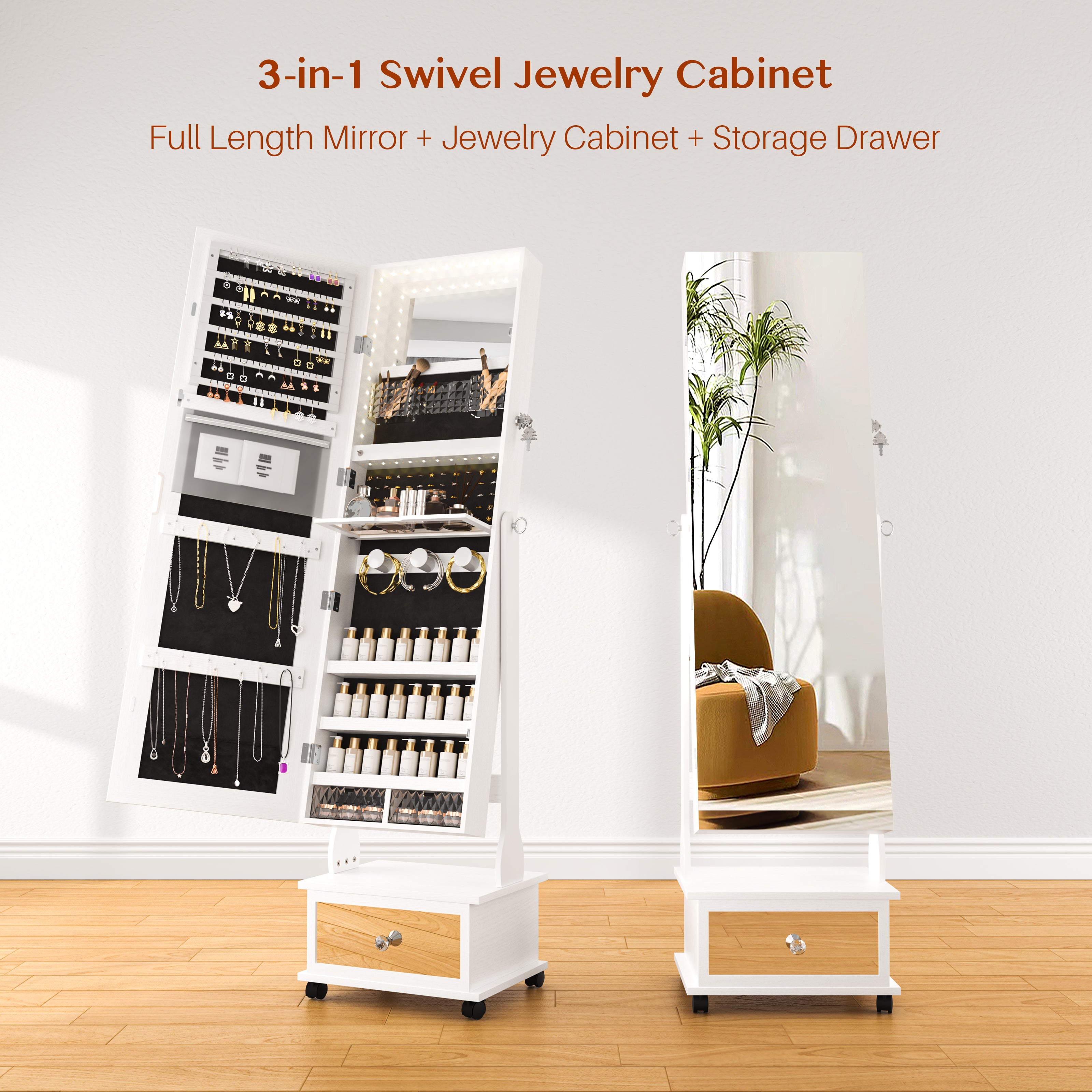 LHBcraft Movable Jewelry Cabinet Standing with Full-Length Mirror