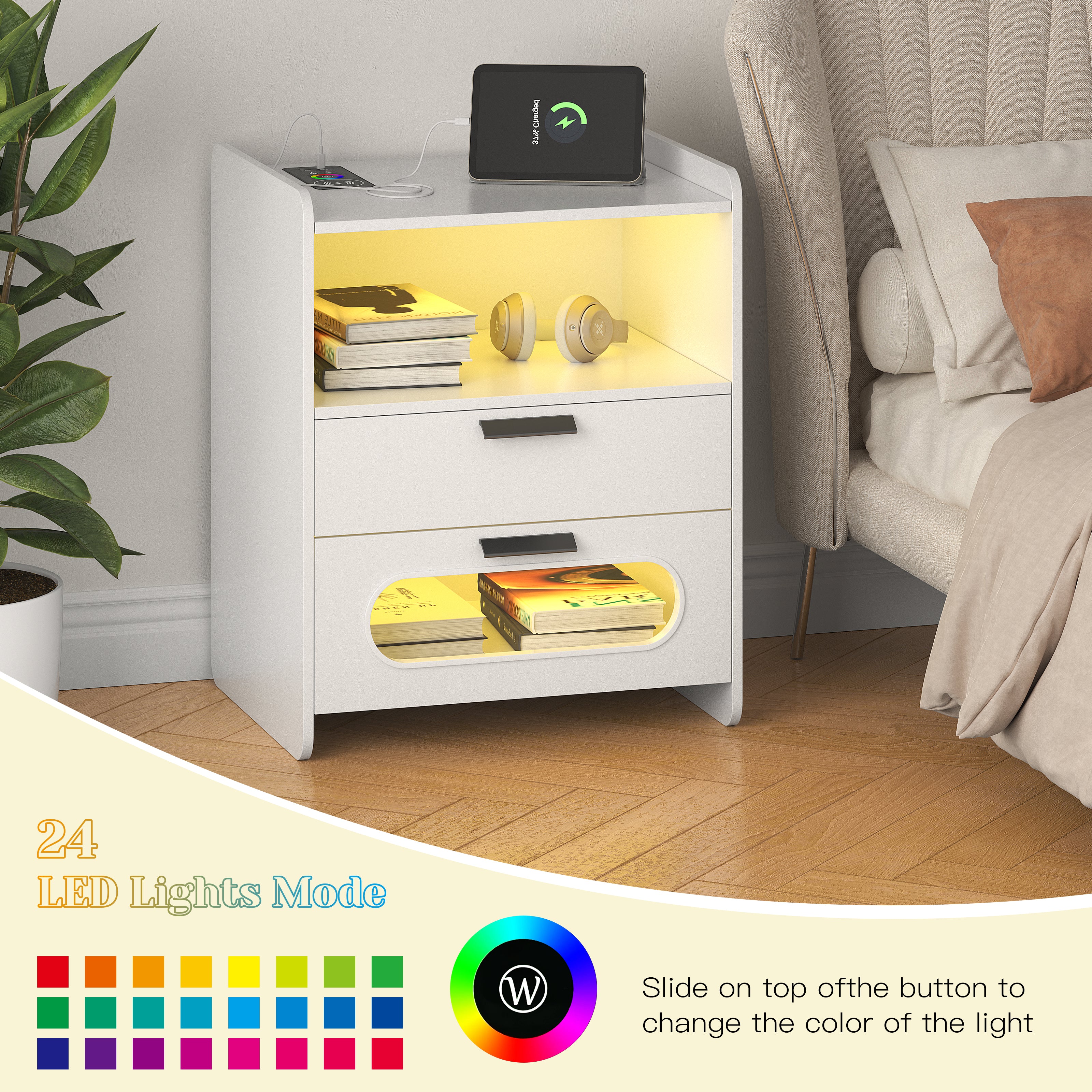 Nightstand with Wireless Charging Station, 24 Color LED Lights