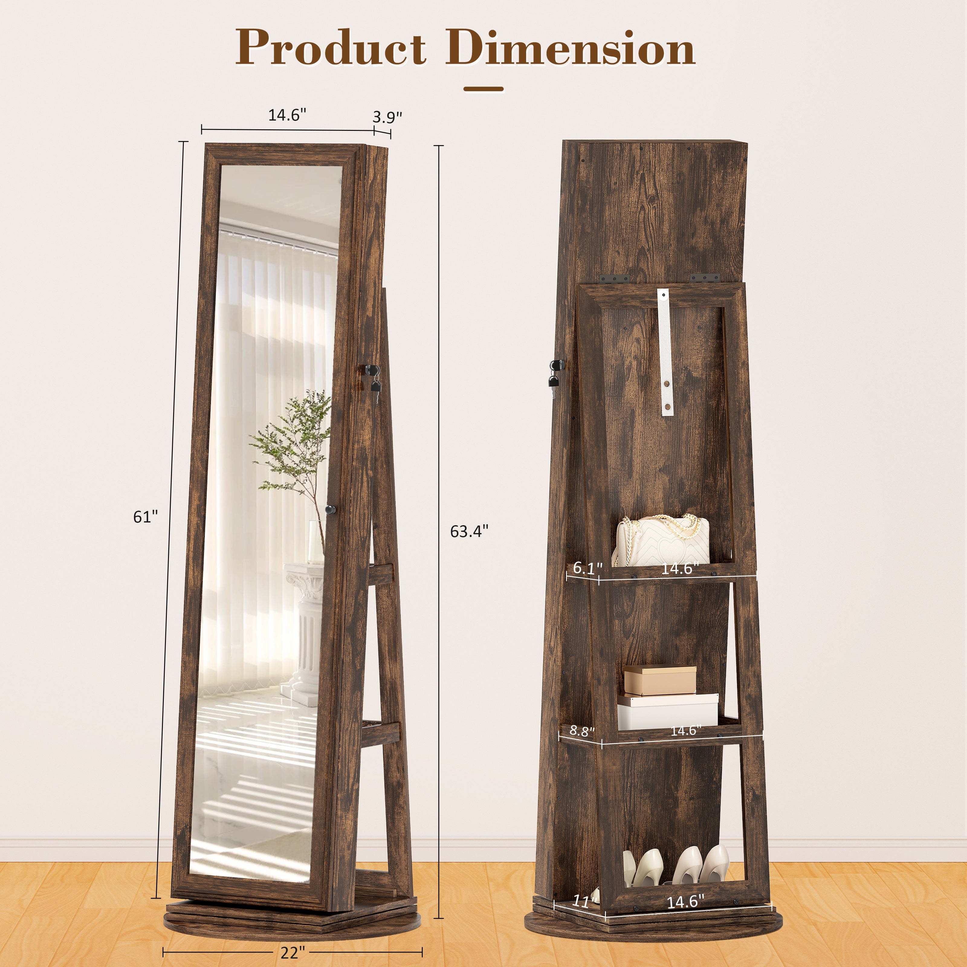 LHBcraft Standing Jewelry Cabinet with Full-Length Mirror