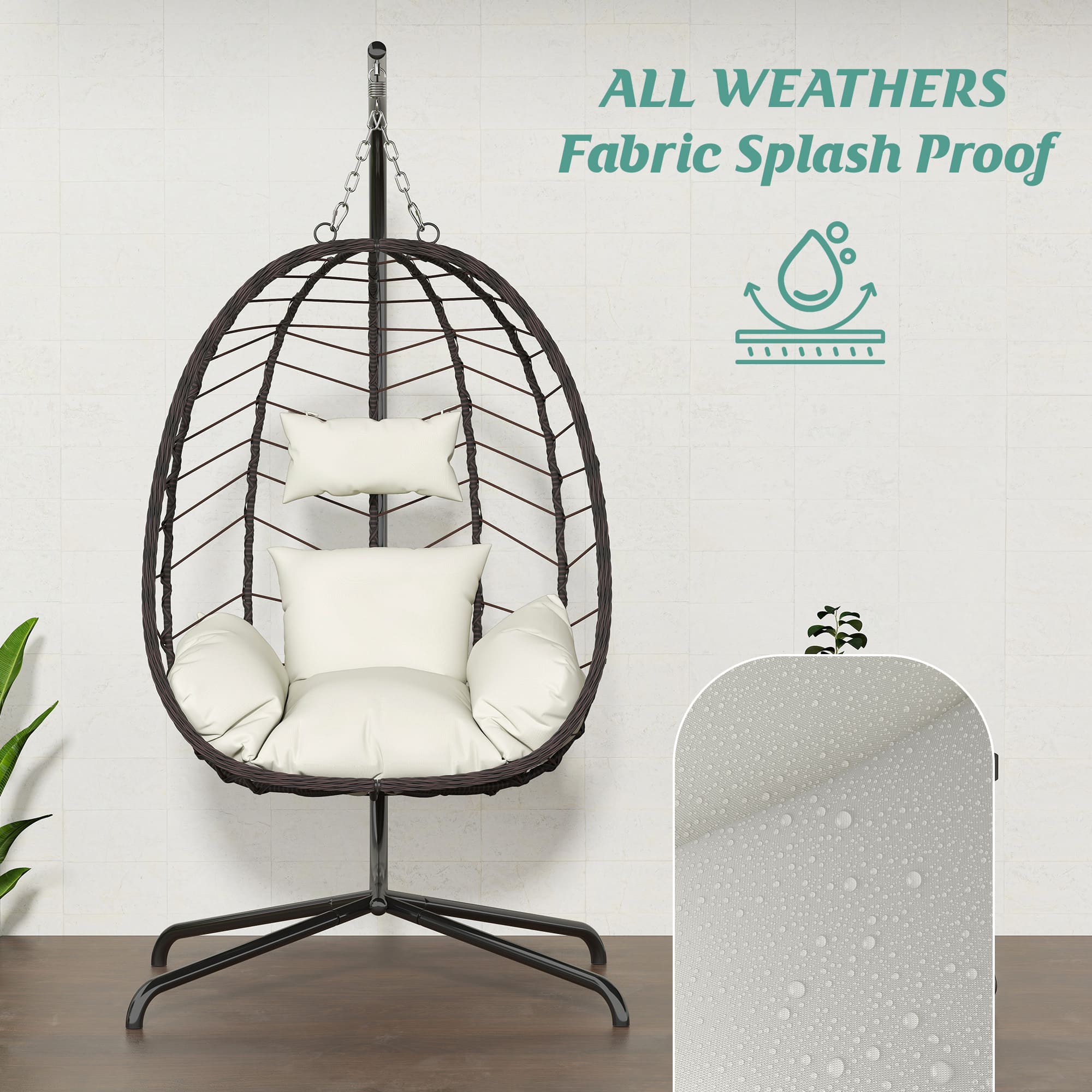 Hanging egg chair with white cushions