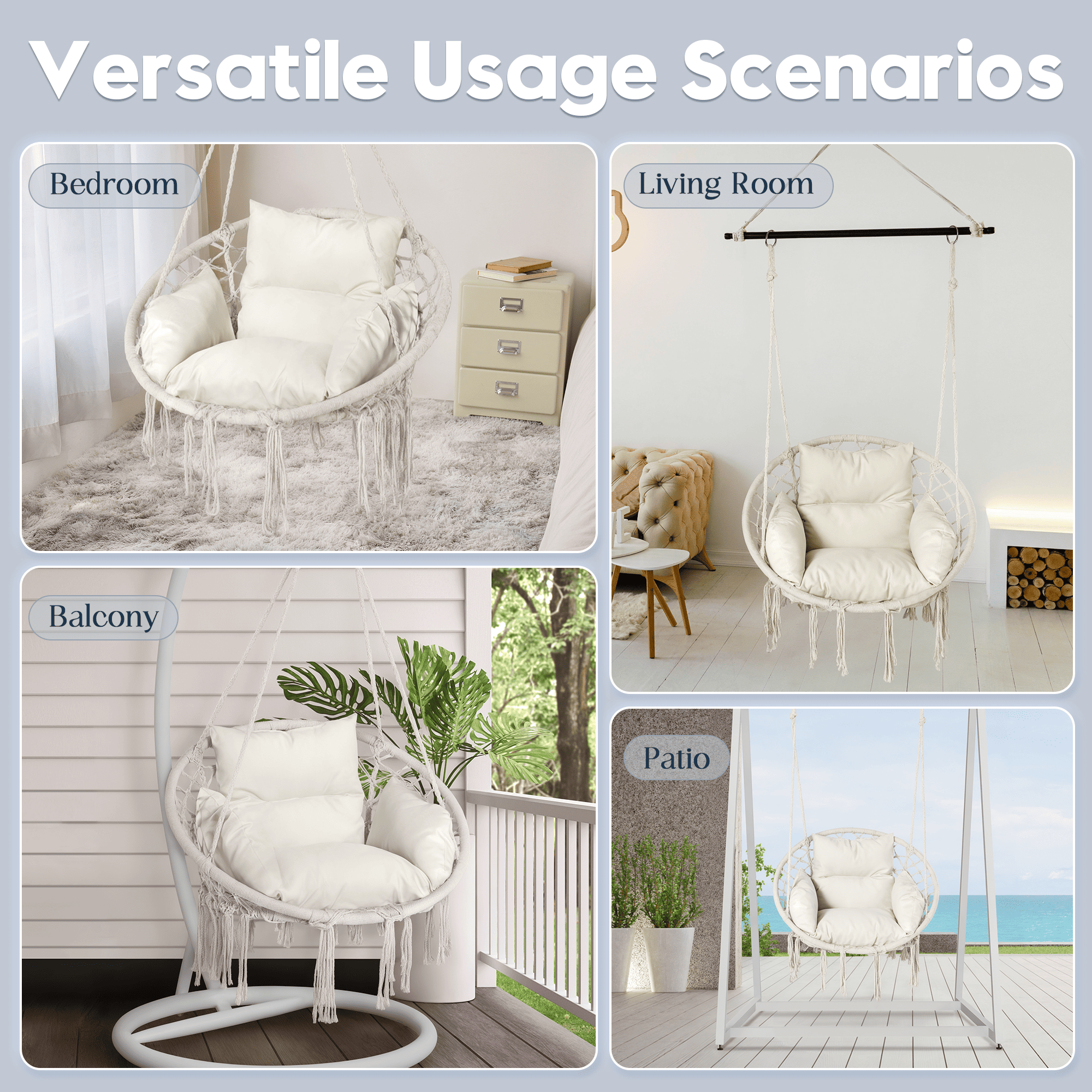 Collage of a white hanging chair in various settings including bedroom, living room, balcony, and patio.