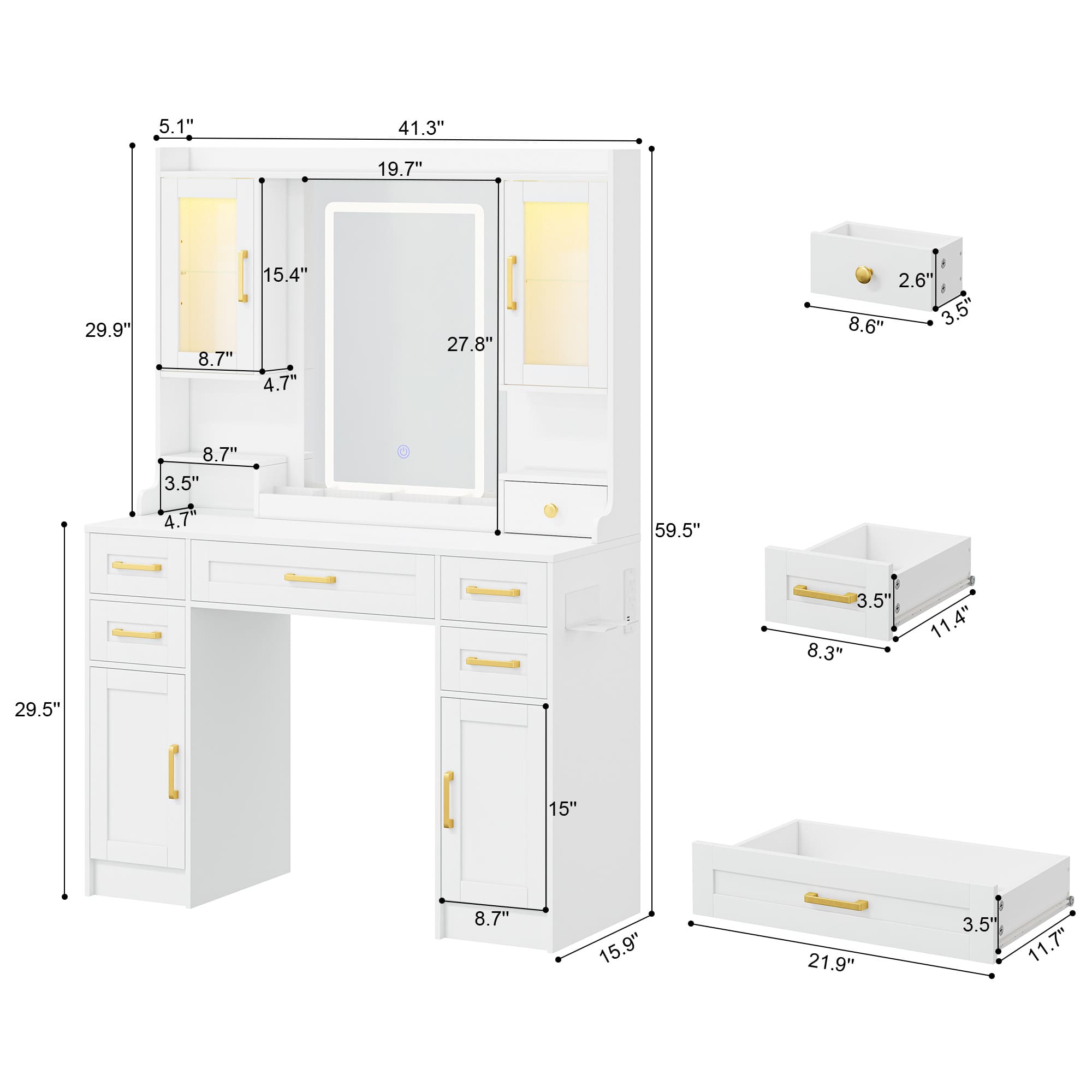 Vanity Desk with Large Mirror and Lights, Makeup Vanity with Charging Station, 5 Drawers & 4 Storage, 3 Lighting Color Adjustable, White Vanity Desk for Bedroom