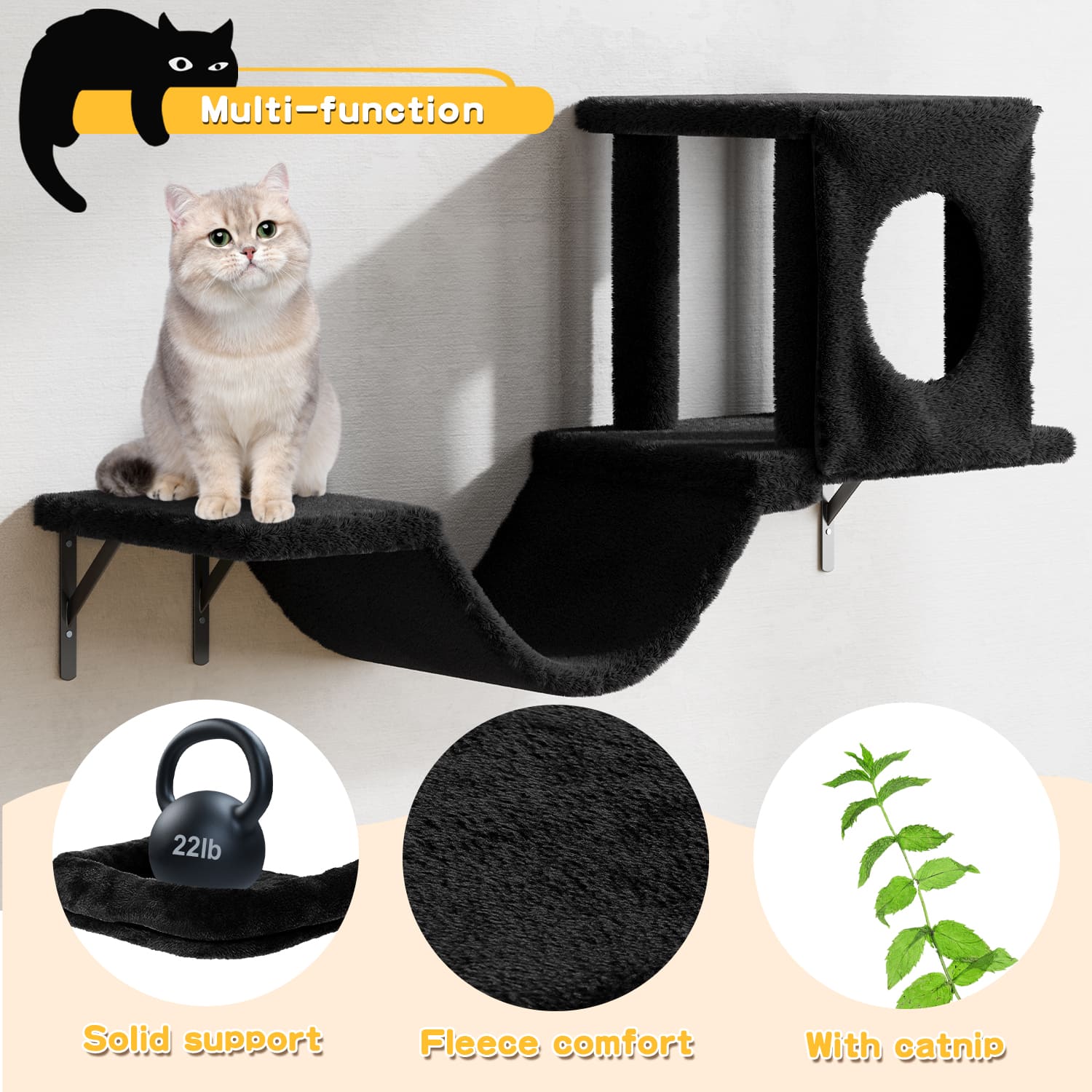 Space-saving vertical cat activity center with multiple platforms and cozy condo
