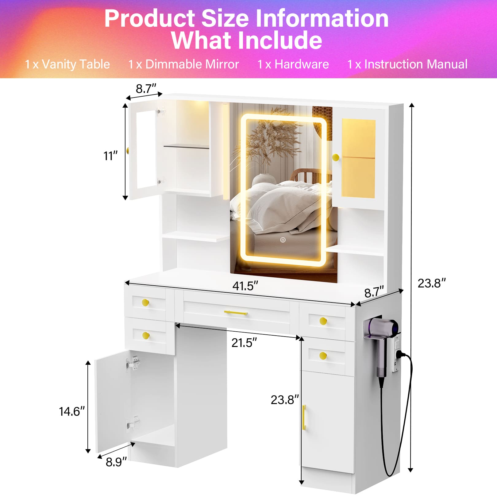 Makeup Vanity Mirror with 16 RGB Colors Light, Large Women Vanity Desk with Touch Screen Mirror & Power Outlet, 4 Cabinet, 2 Shelves & 5 Drawers for Bedroom