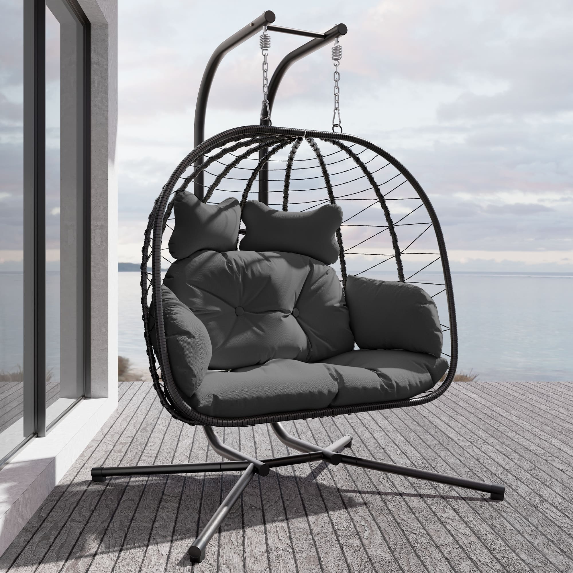 2-Person Hanging Egg Chair with Stand and Cushions – Front View