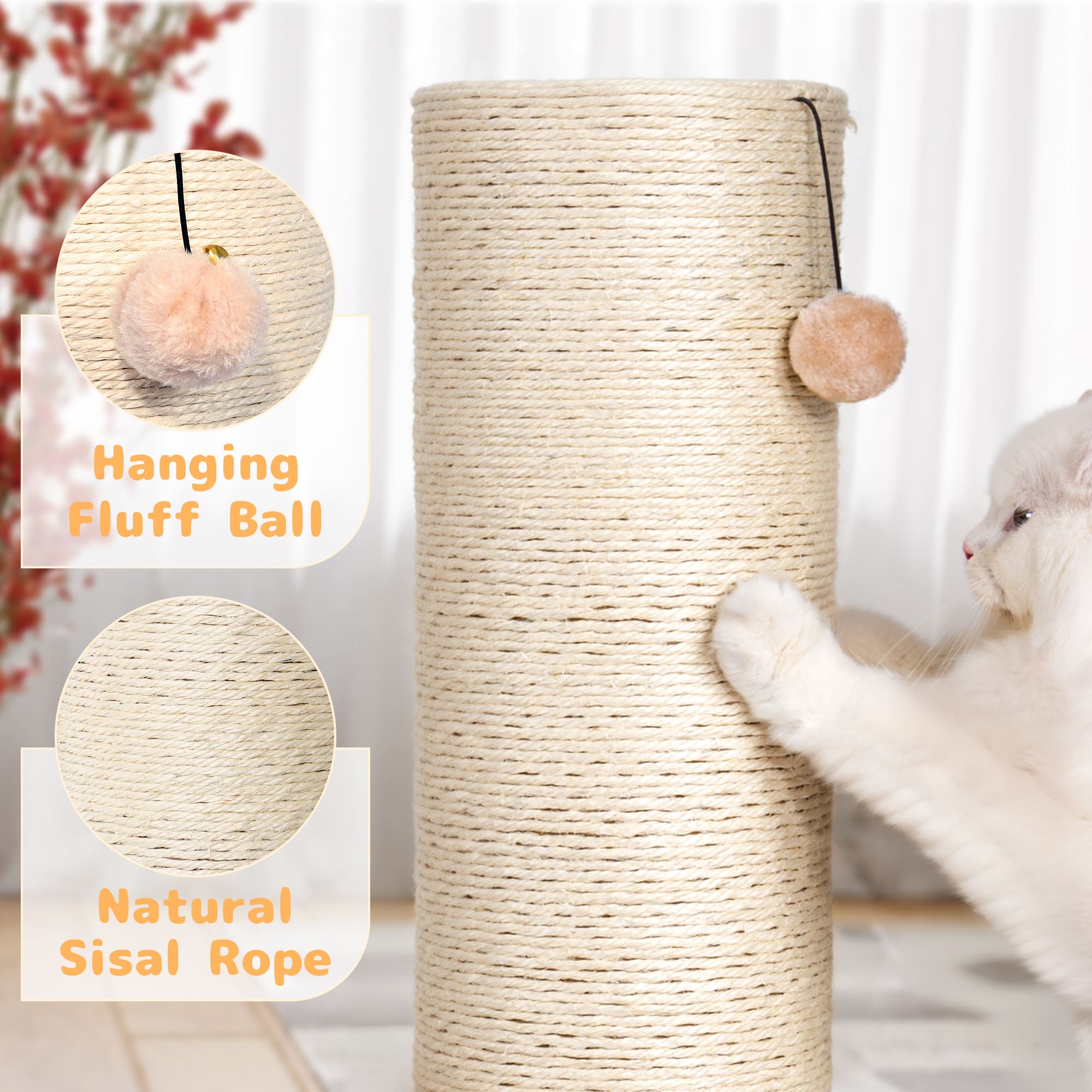 Natural sisal-wrapped cat post promoting healthy claws