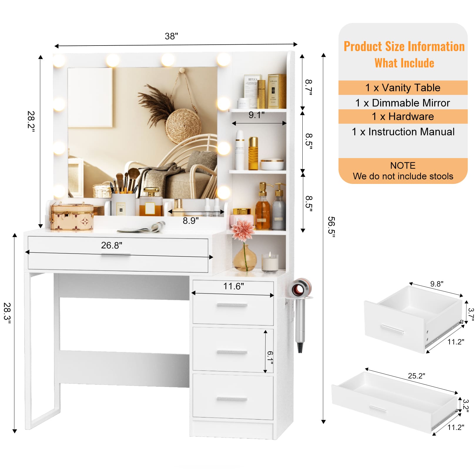 56.5" Makeup Vanity Desk with Mirror and Lights, Vanity Table Set with Charging Station, Makeup Vanity Desk with 4 Drawers and 3 Storage Shelves, 3 Lighting Colors