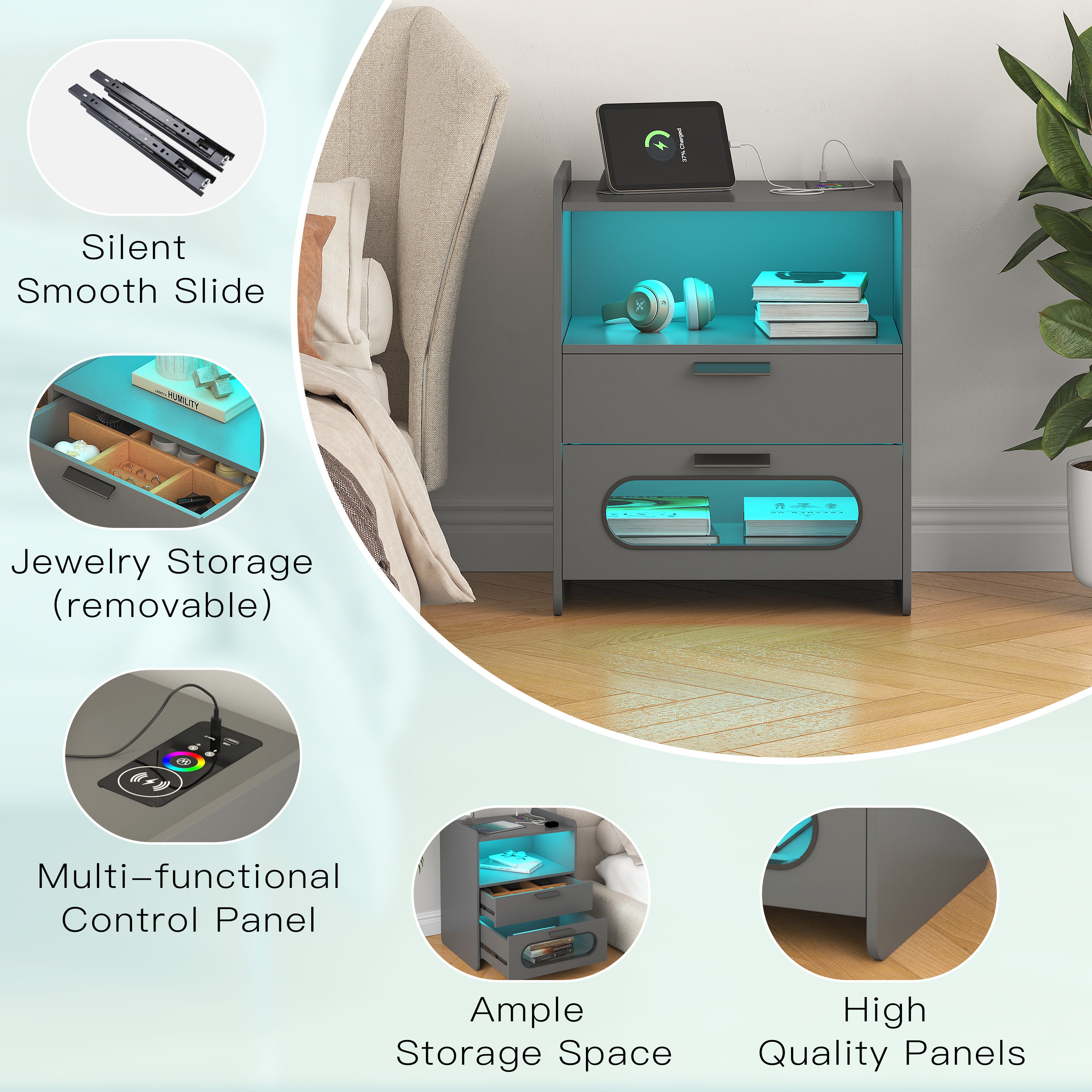 Nightstand with Wireless Charging Station, 24 Color LED Lights