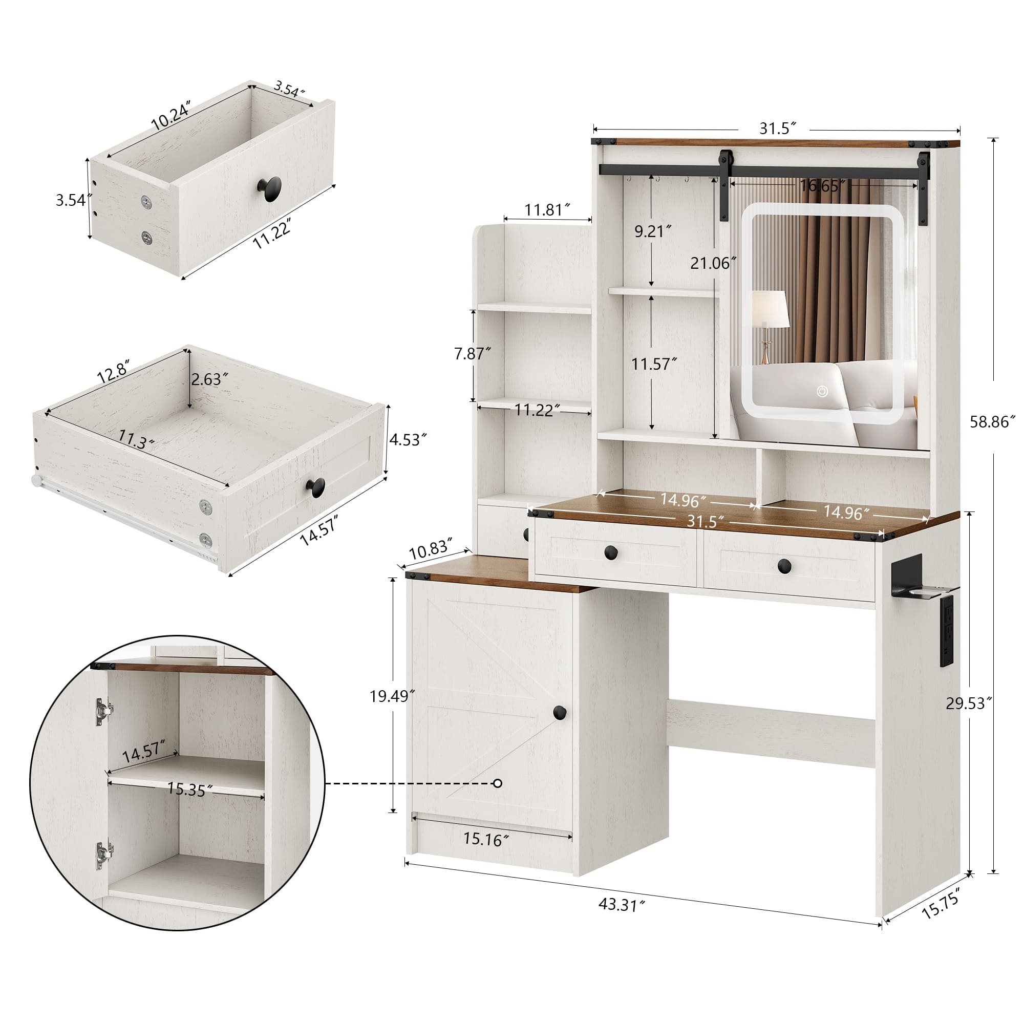 59.06" Tall Farmhouse Makeup Vanity Desk with Mirror and Lights, Vanity Table Set with Charging Station, Vanity Desk with 3 Drawers and 1 Big Cabinet for Bedroom Desk with 4 Drawers and 3 Storage Shelves, 3 Lighting Colors (Copy)