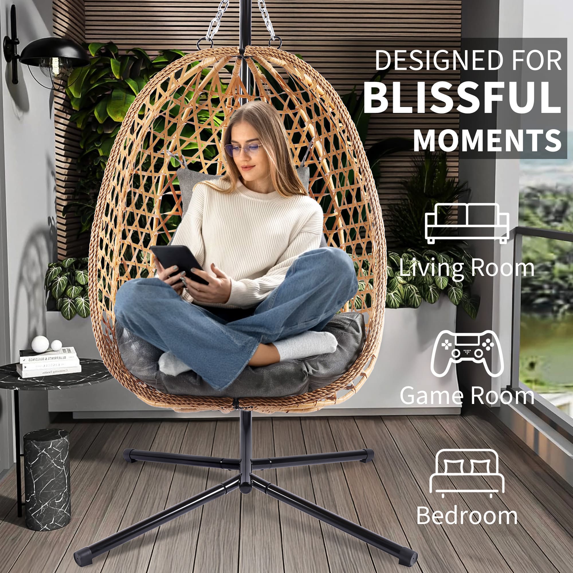 Person sitting in a wicker egg chair