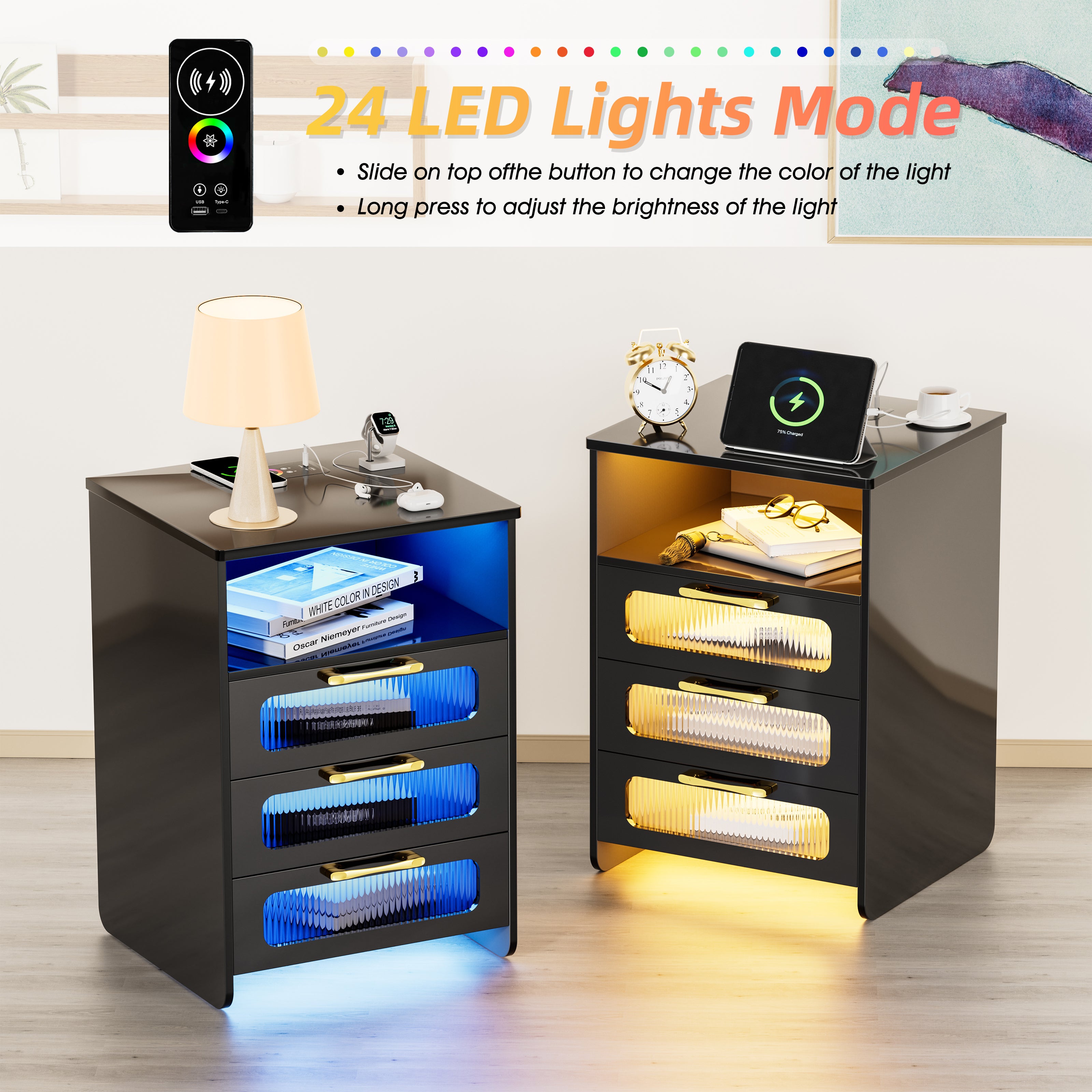 LHBcraft Nightstand with LED Lights and  Wireless Charging Station